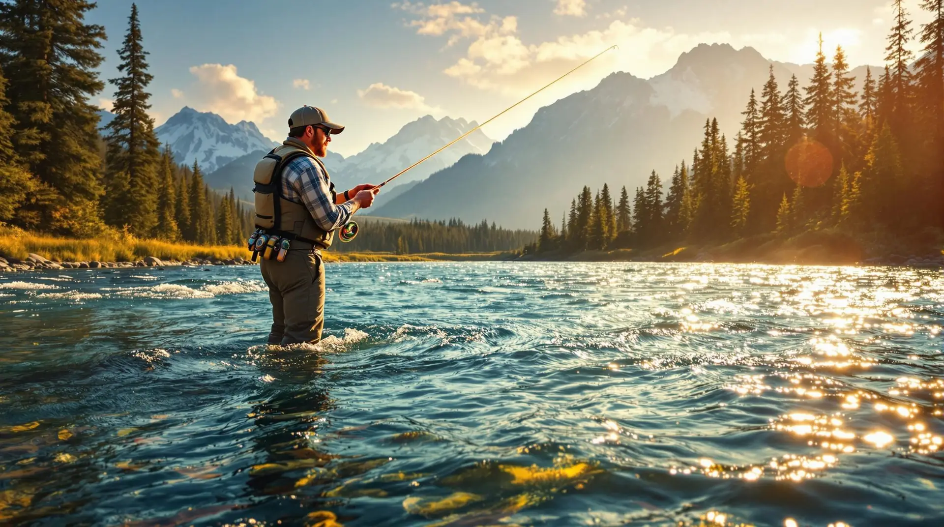 Fly fishing in Idaho: Angler casting in a crystal-clear mountain river at golden hour, with pine forests and snowcapped peaks in the background, and trout visible beneath the sun-dappled water surface.