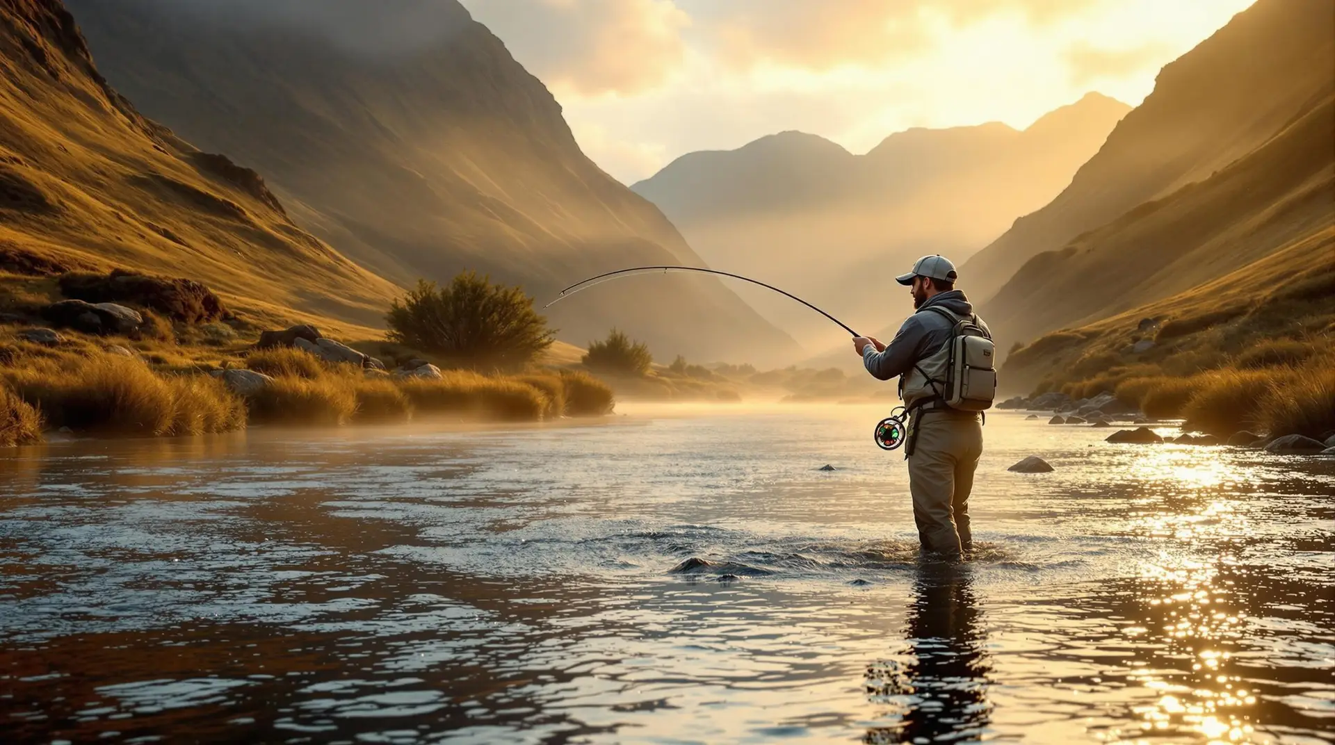 Angler casting a fly rod in a pristine Scottish river during golden hour, with misty Highland mountains and sunset reflections on the water, exemplifying the serene beauty of fly fishing in Scotland.