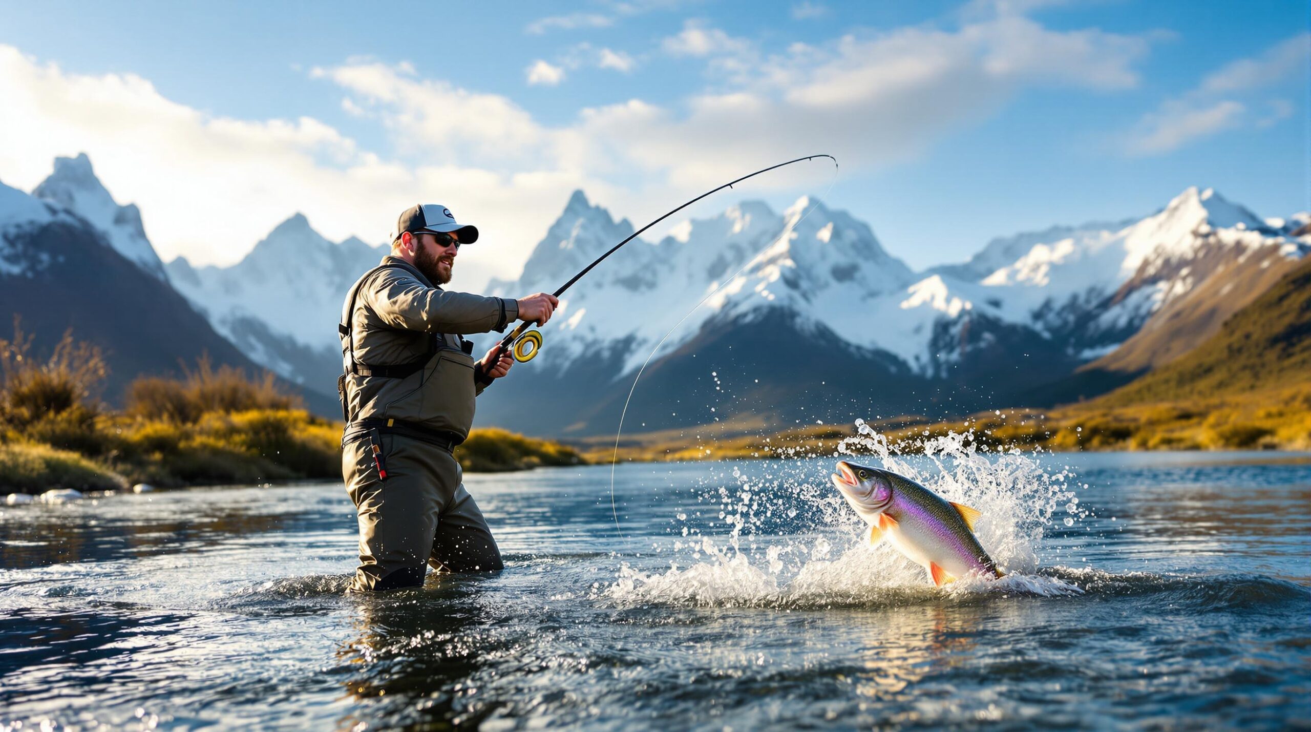 Professional angler fly fishing in pristine Patagonian waters with rainbow trout jumping and snow-capped Andes mountains, showcasing the world-class experience offered by fly fishing lodges Argentina during golden hour lighting.