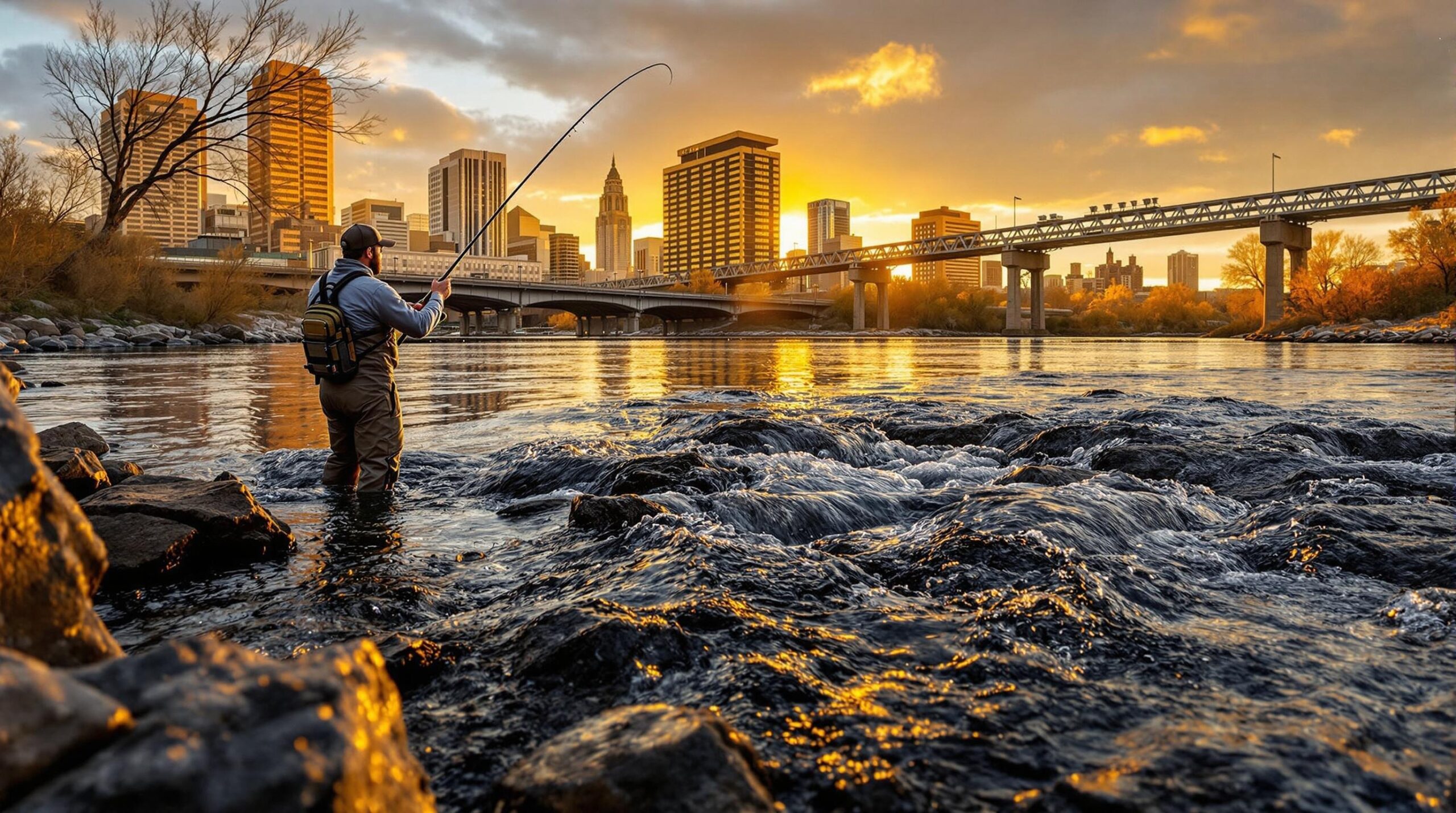 Fly angler casting into Spokane River fly fishing spot with downtown city skyline and bridges visible during golden hour sunset lighting.