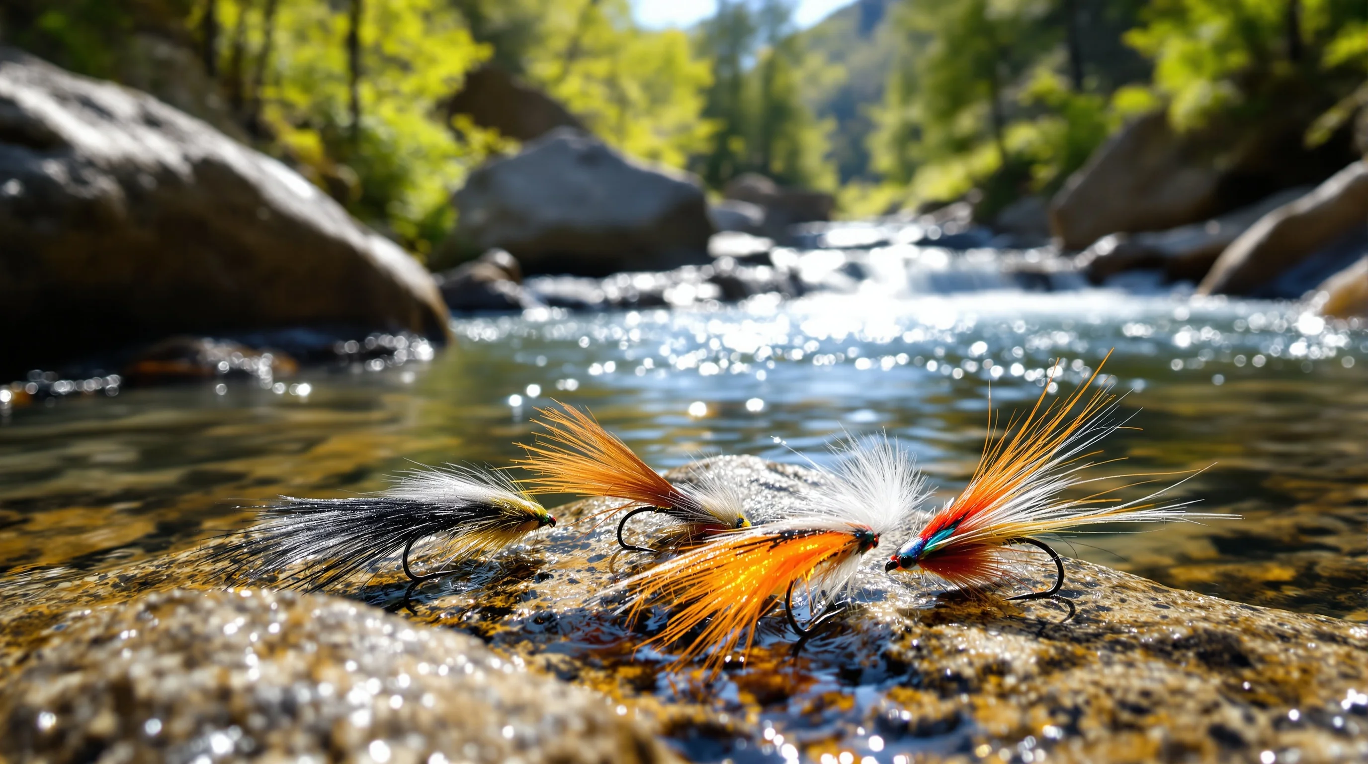 Colorful fly fishing streamer flies arranged on wet river rocks with crystal clear mountain water flowing in background