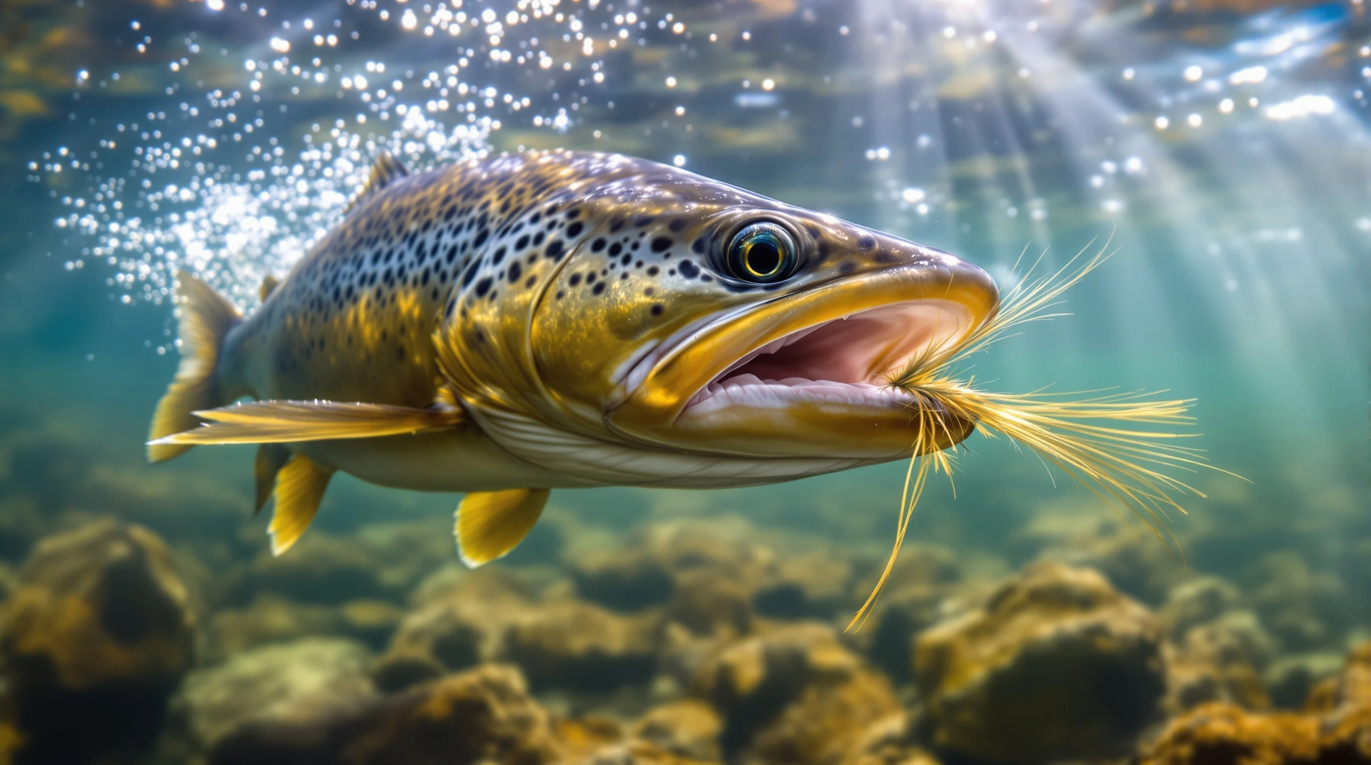 Brown trout pursuing streamer fly underwater, showing predatory behavior and detailed fly construction with natural materials