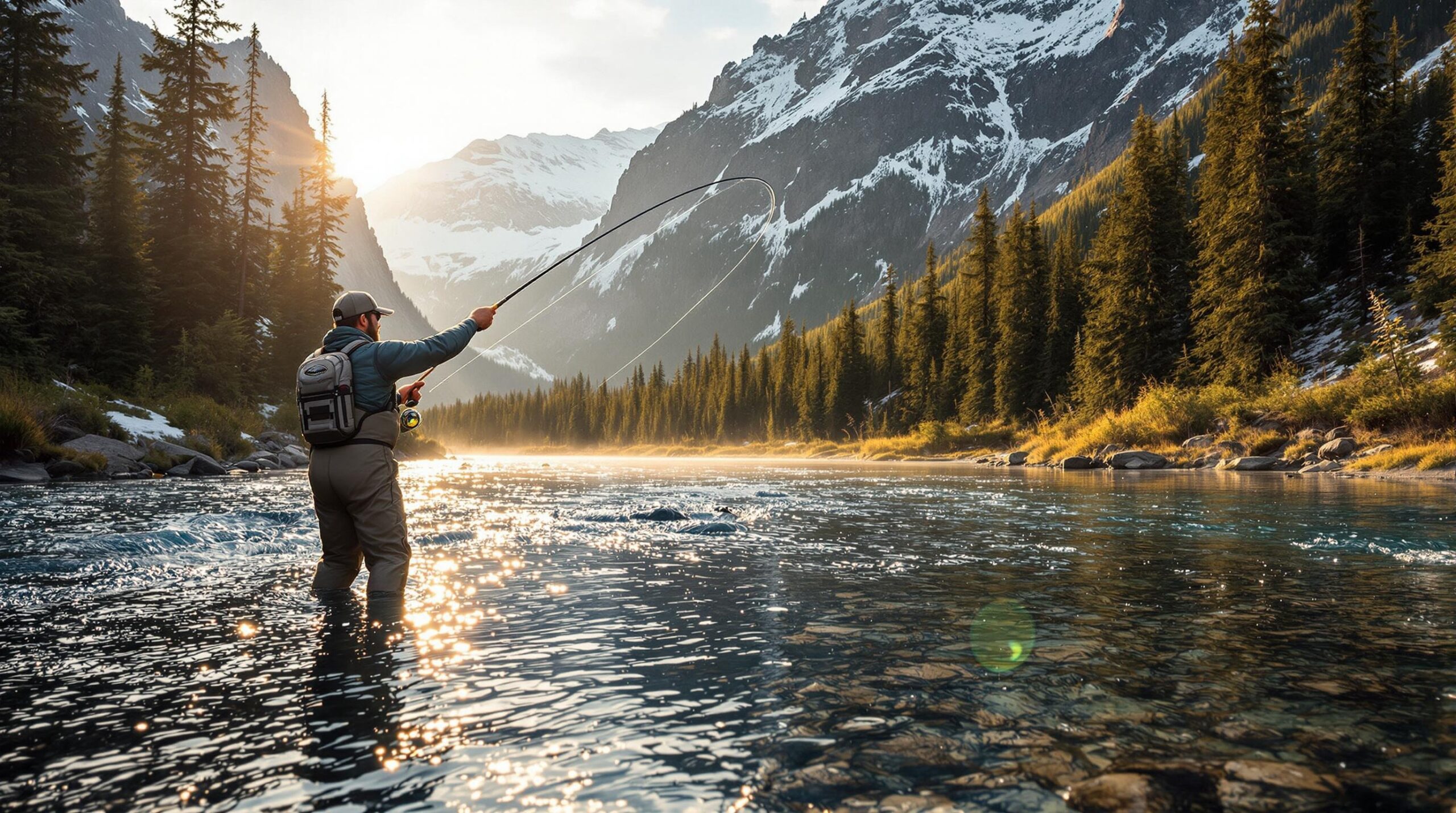 Fly fisherman casting rod during fly fishing trips in pristine mountain stream at Glacier National Park with snow-capped peaks and evergreen forest in golden morning light.