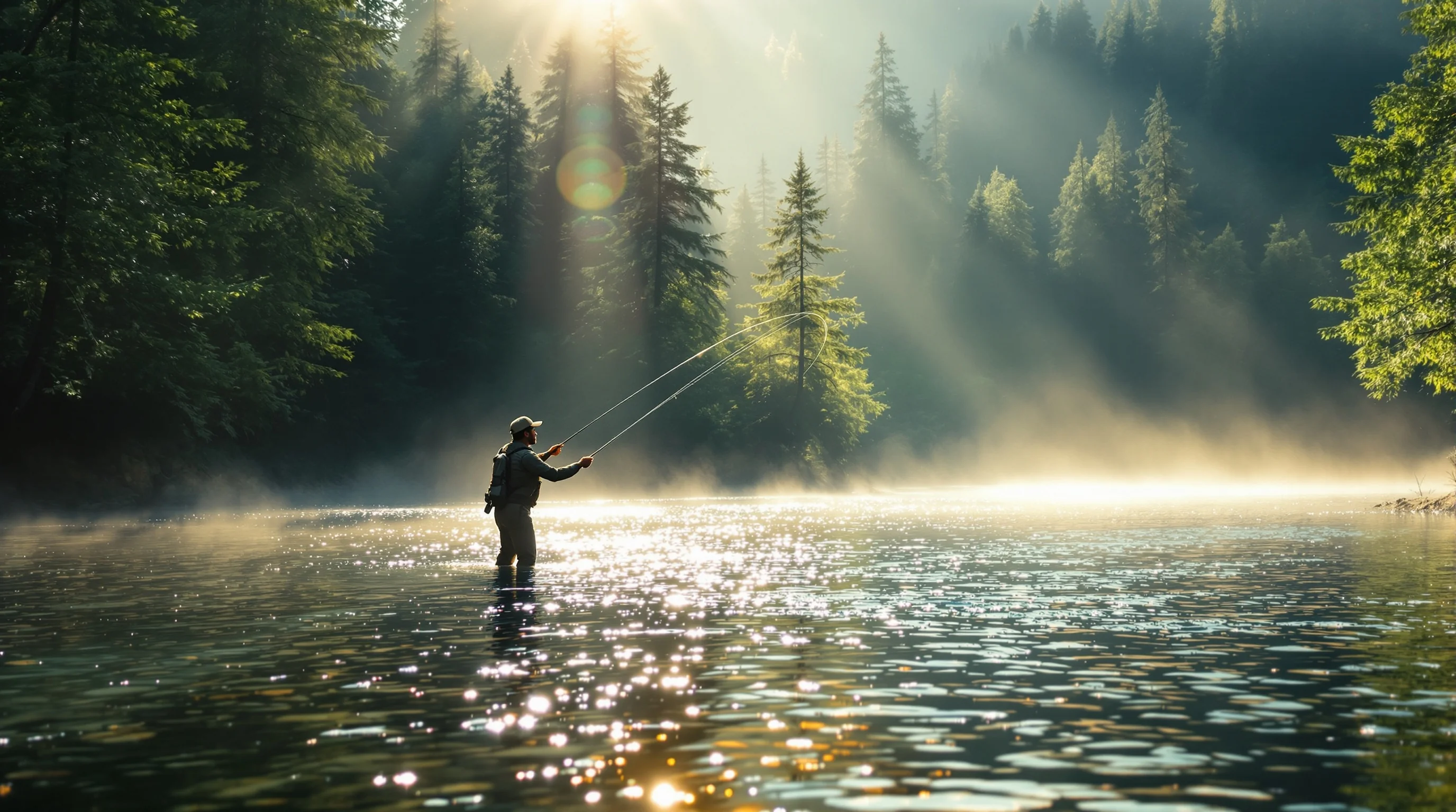 Fly fisherman mid-cast in a misty mountain river at dawn, fly line arcing gracefully over clear shallow water.