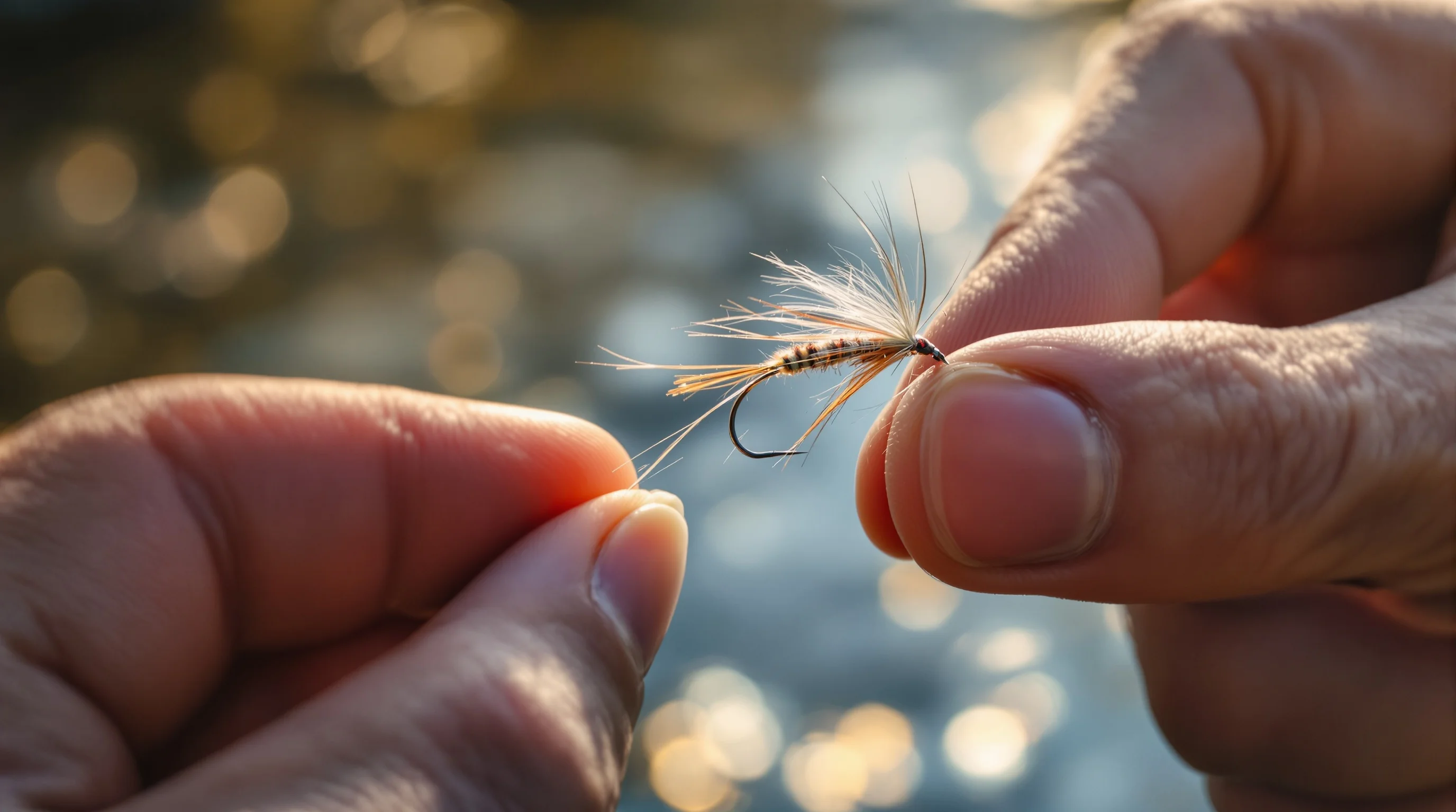 Experienced hands tying a dry fly onto a leader line, a key fly fishing technique for beginners to master.