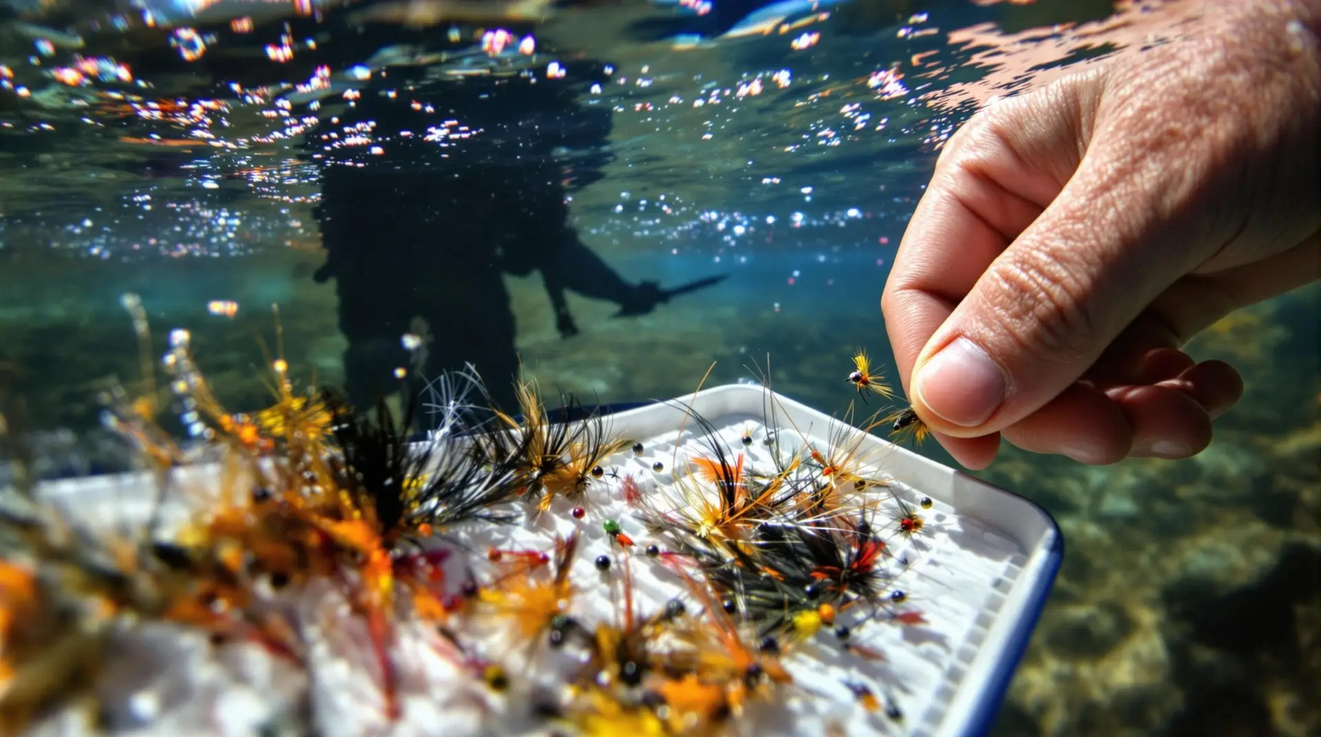 An angler underwater selects a beaded nymph pattern from an organized fly box, with a trout silhouette visible in the background - Nymph Pattern Selection.