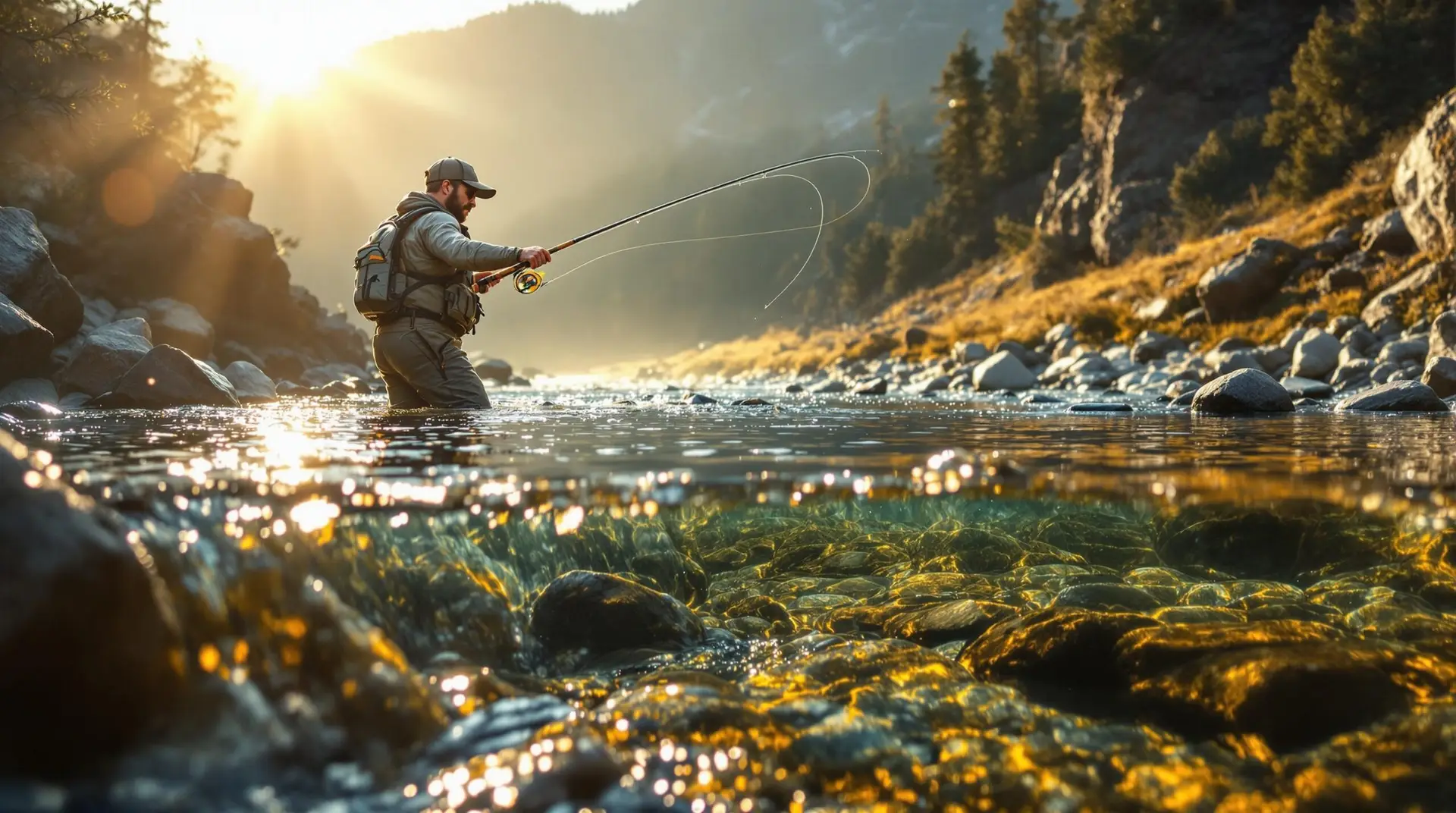 A fly fisherman stands in a crystal-clear mountain river during golden hour, demonstrating technical nymph fishing with a specialized long rod. With perfect high-sticking technique and a visible colorful sighter in the leader, the angler targets the seams between currents where trout feed. Golden sunlight illuminates the rocky riverbed and underwater features in photorealistic detail.