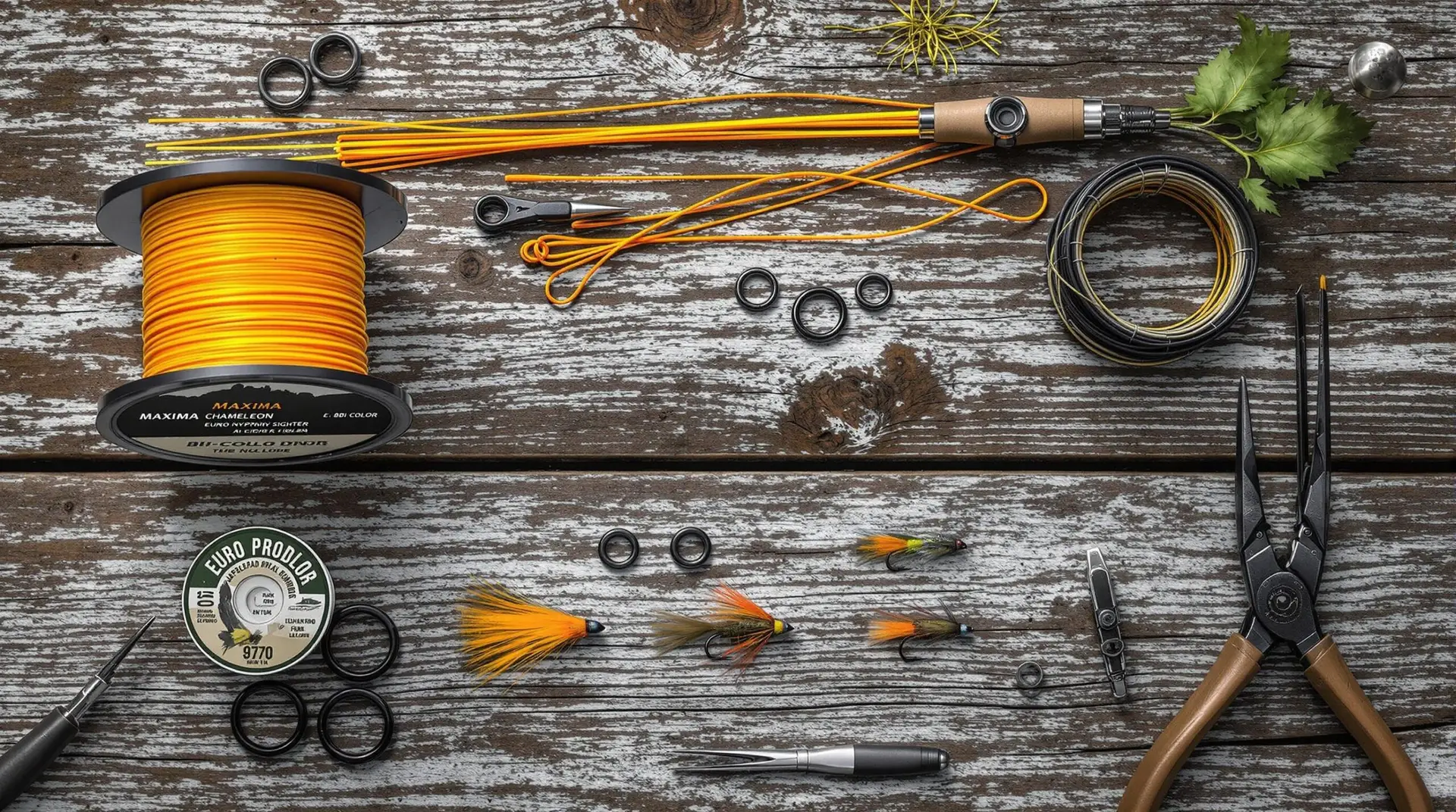 Overhead view of euro nymphing leader components arranged on weathered wood - includes Maxima Chameleon, bi-color sighter, tippet rings, fluorocarbon, tungsten beadhead nymphs, and essential tools.