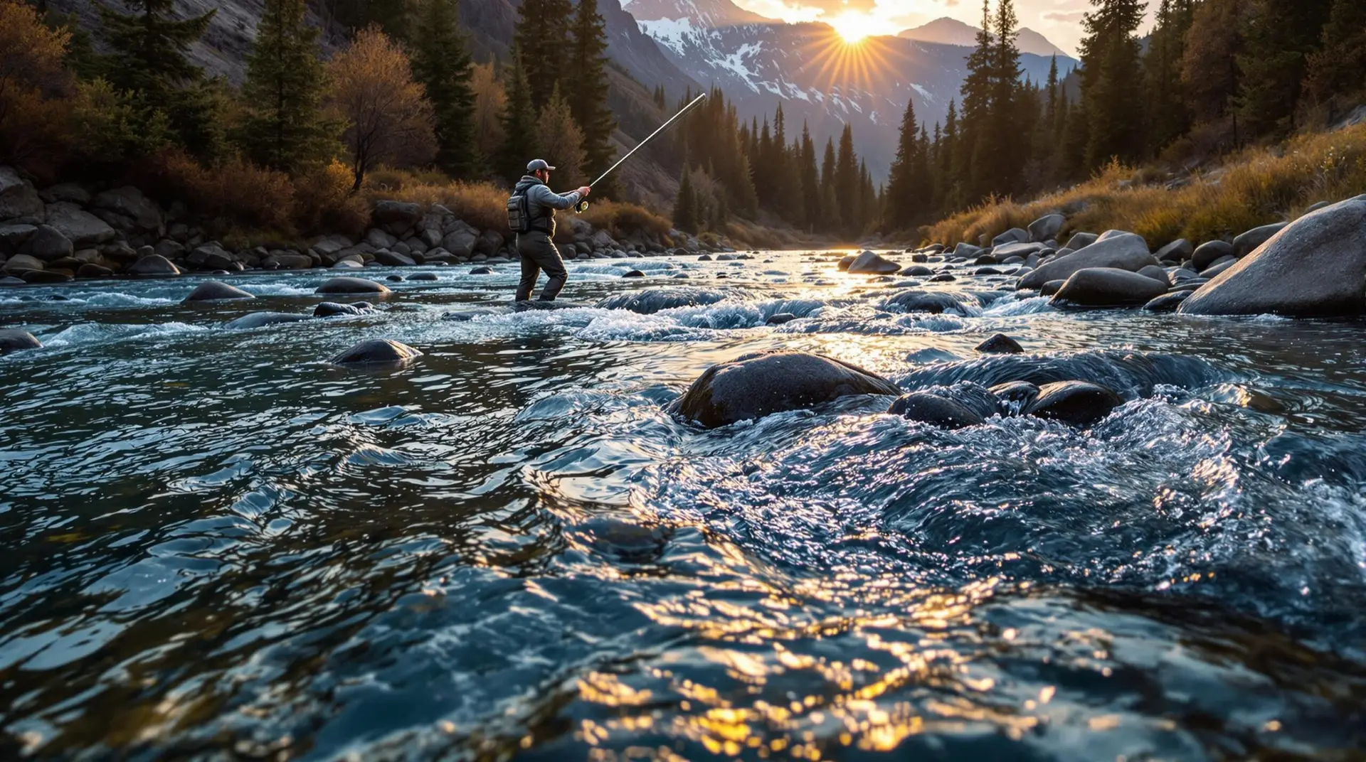 Fly fisherman casting in a mountain river at golden hour, demonstrating key terms from a fly fishing glossary including riffles, runs, pools, eddies, and feeding lanes where trout hold.
