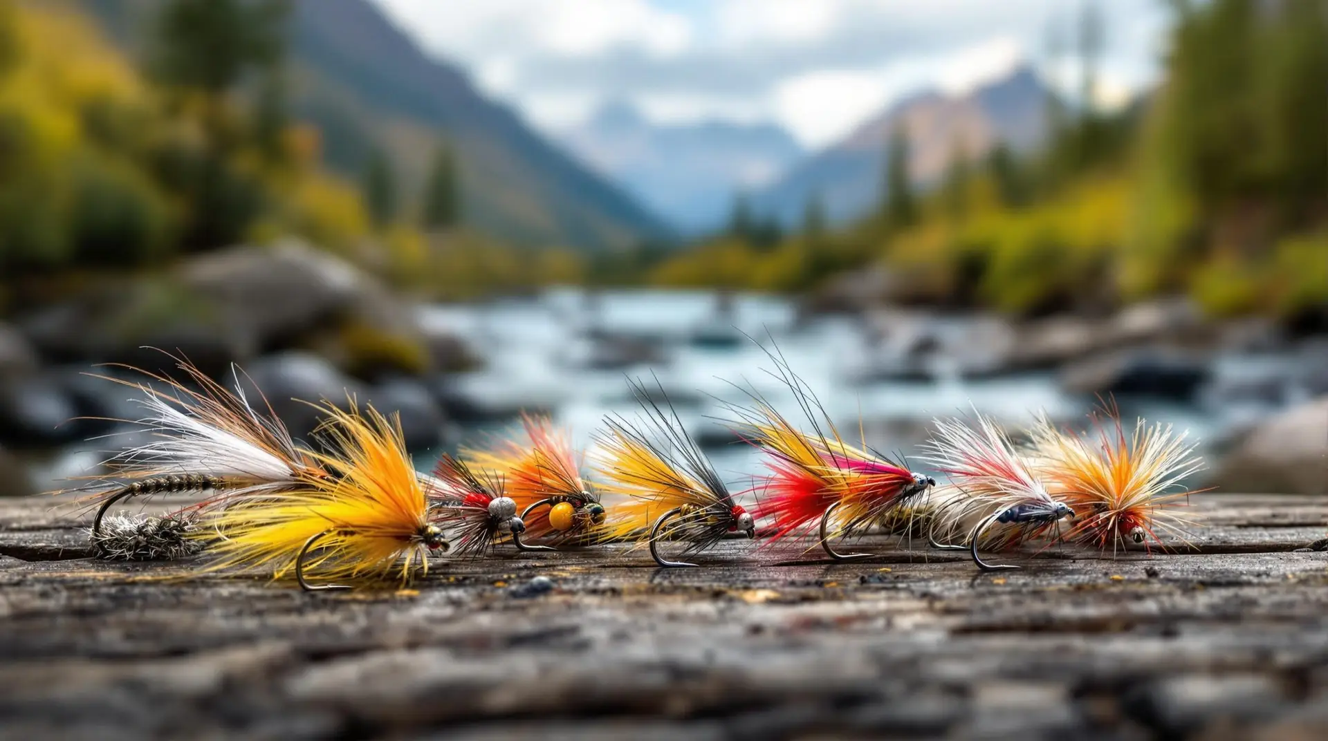 Close-up of assorted colorful fly fishing lures arranged on wood, showcasing various fly types used in fly fishing glossary including dry flies, nymphs and streamers, with a blurred mountain stream background.