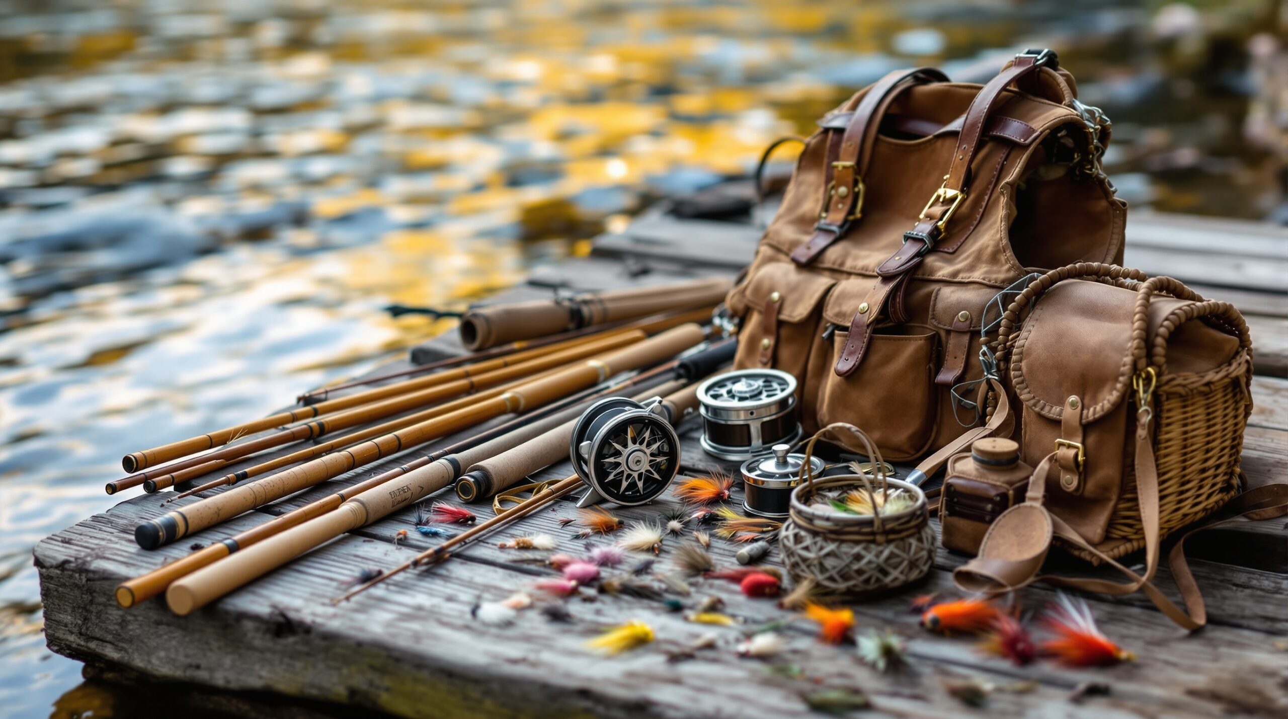 Vintage fly fishing equipment collection with bamboo rods, metal reels, leather vest, and flies on wooden dock