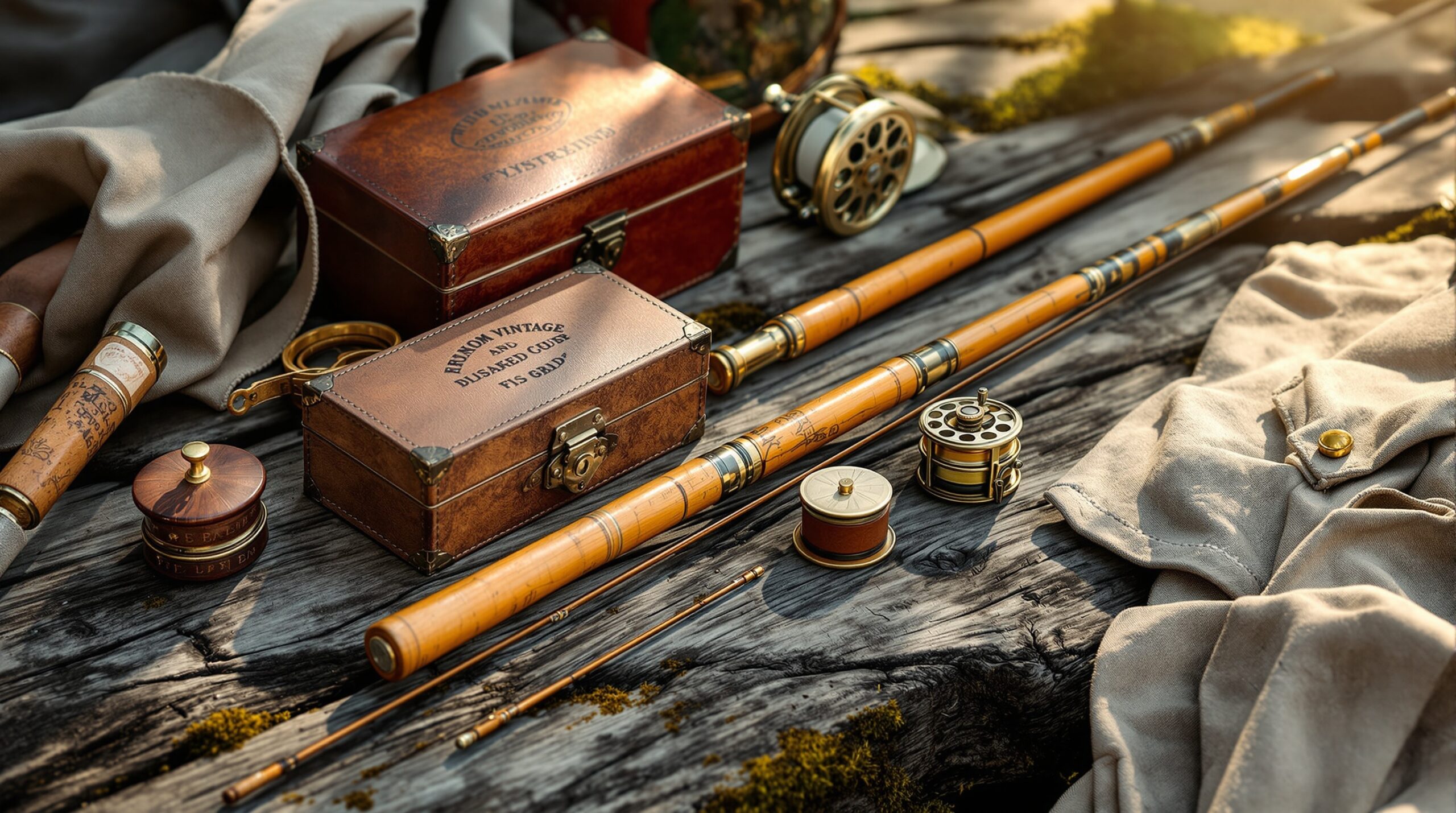Collection of vintage fly fishing equipment including bamboo rods, brass reels, and leather fly boxes on wooden planks