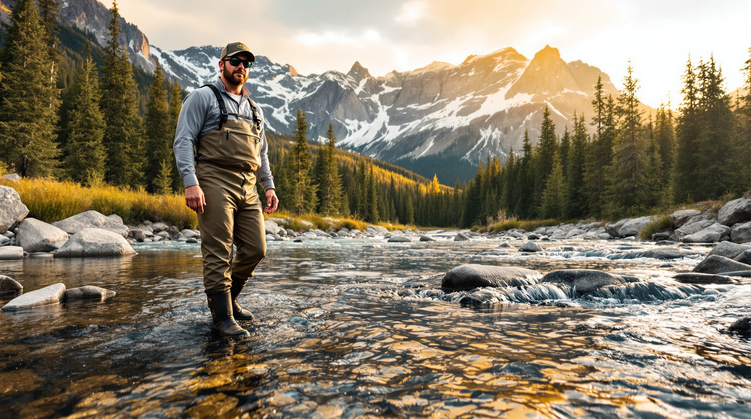 Fly fisherman in perfectly fitted chest-high waders standing waist-deep in mountain river with forest backdrop
