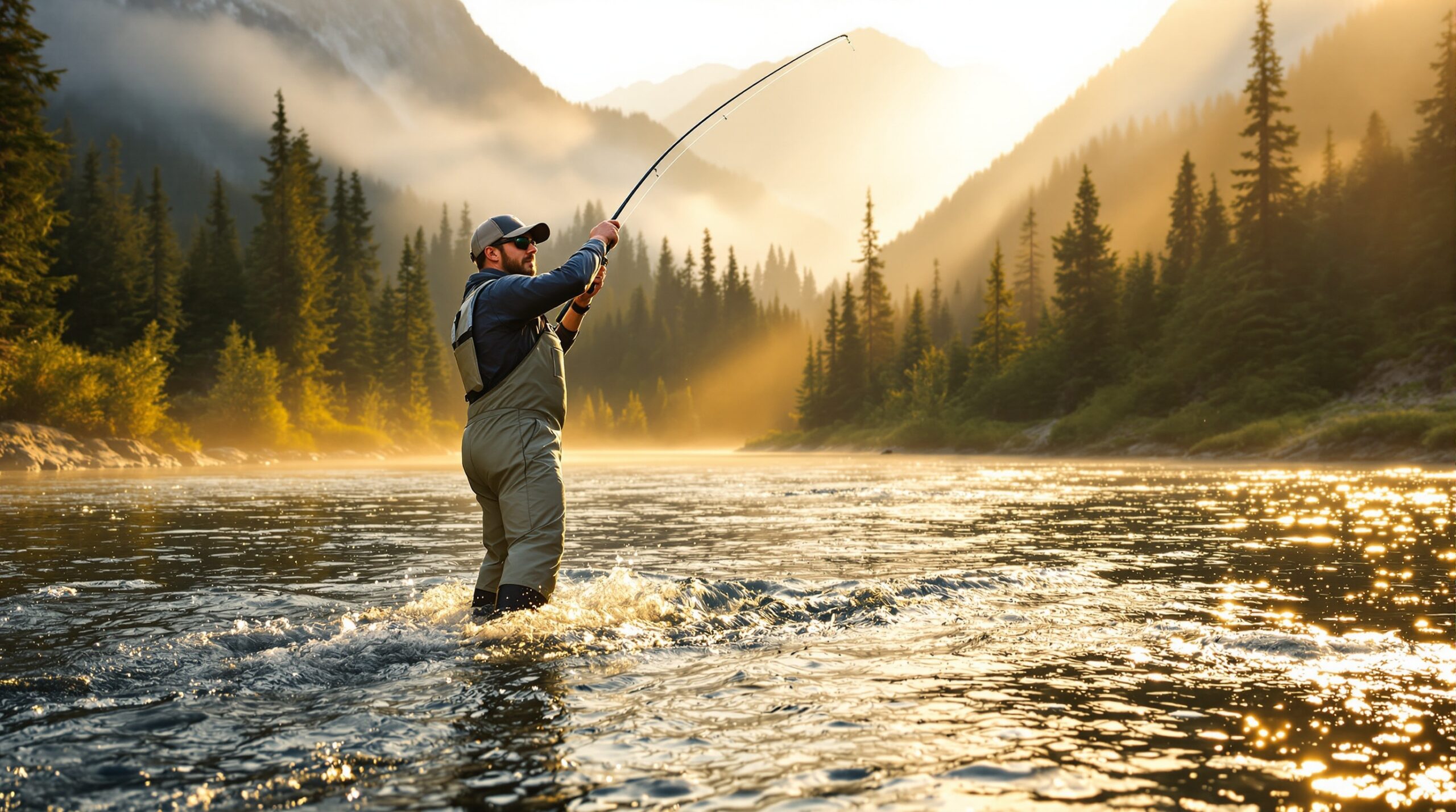 Fly fisherman in chest-high waders casting in mountain river with misty peaks and evergreen trees in background