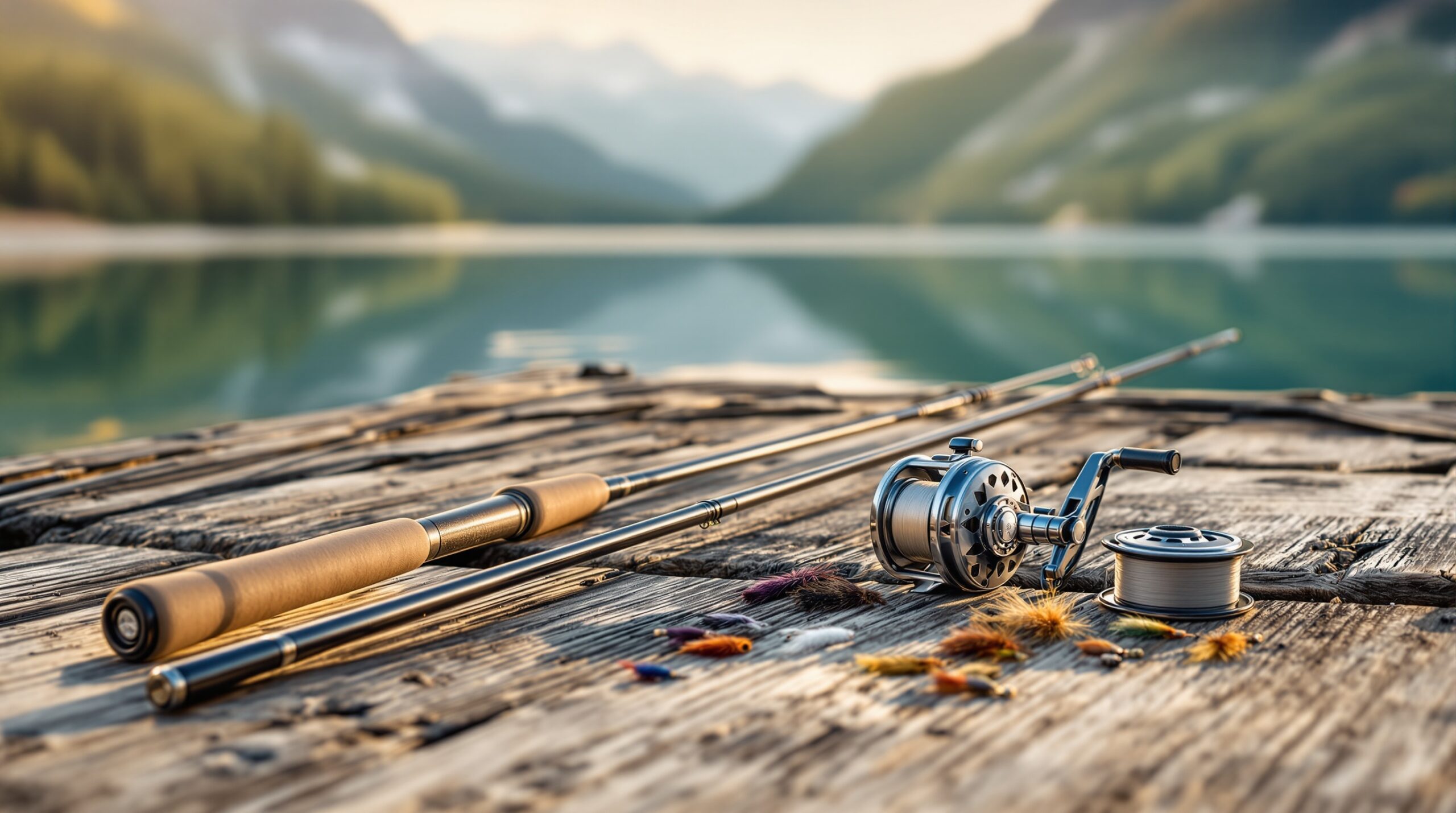 Complete fly fishing combo with rod, reel, and flies arranged on wooden dock beside mountain lake at golden hour