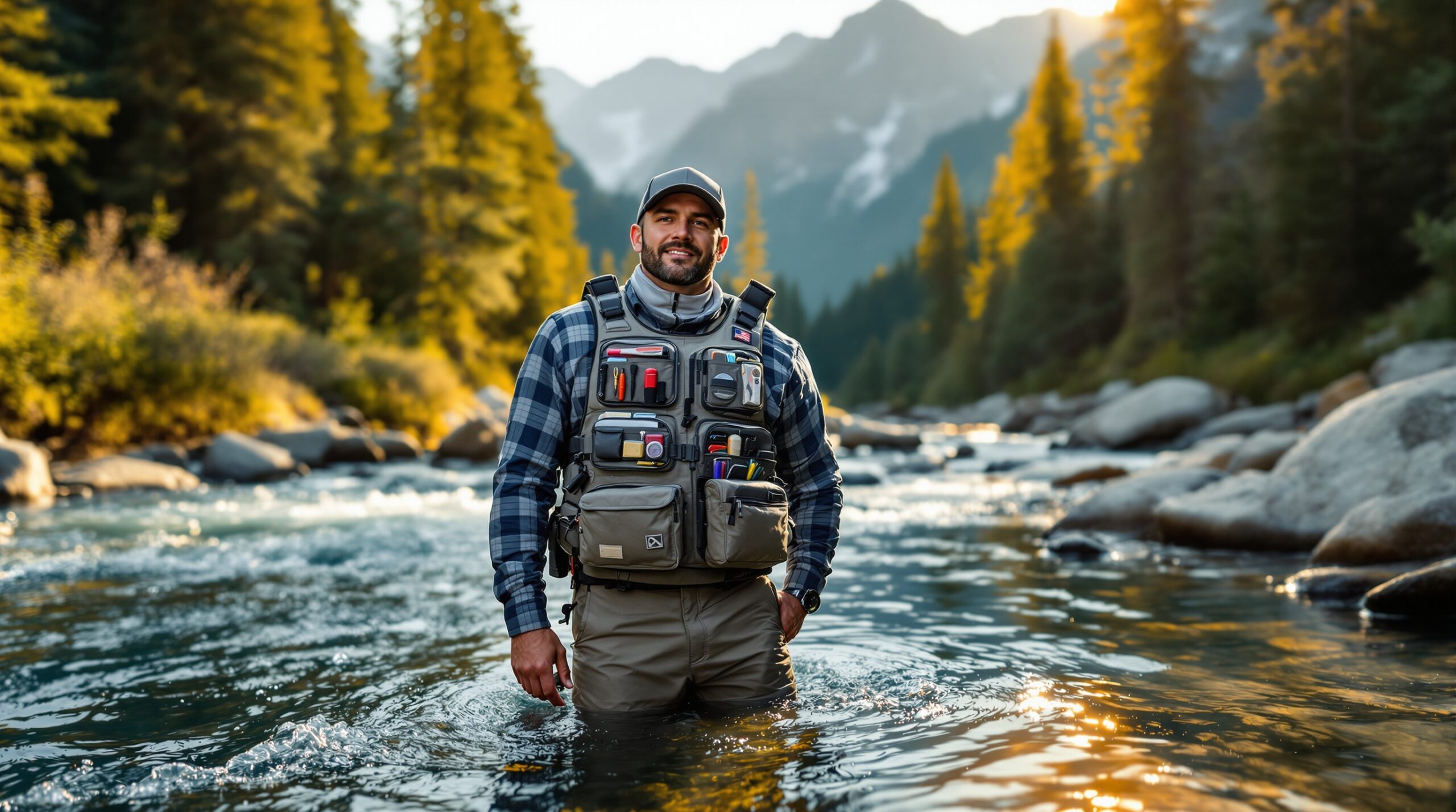 Angler wearing modern fly fishing vest with organized pockets stands in mountain stream during golden hour