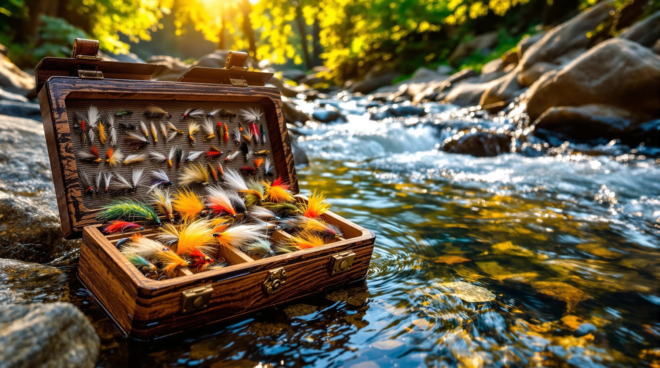 Colorful fly fishing flies displayed in wooden box beside clear mountain stream with smooth rocks and dappled sunlight