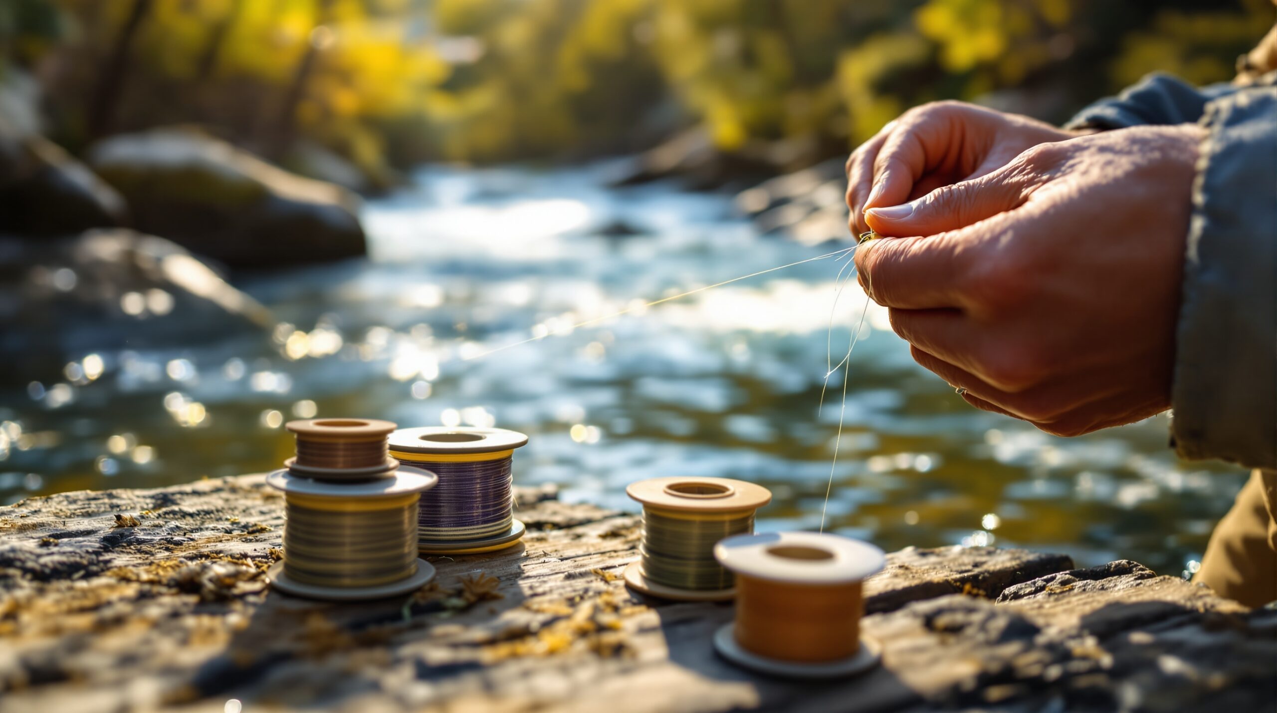 Angler's hands tying fly fishing tippet to line with mountain stream in background and tippet spools nearby