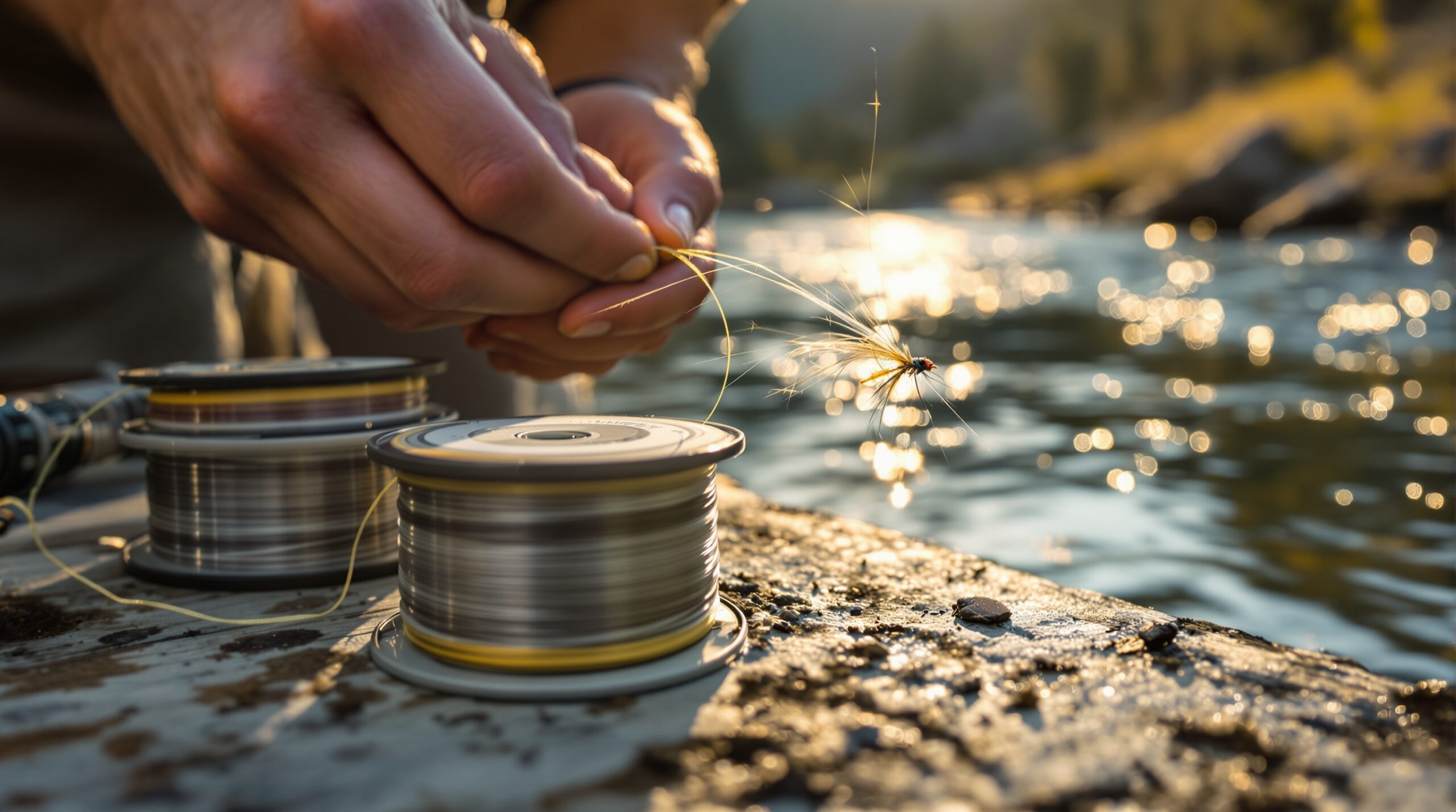 Close-up of transparent fly fishing tippet being attached to a fishing fly with spools on wooden surface by stream