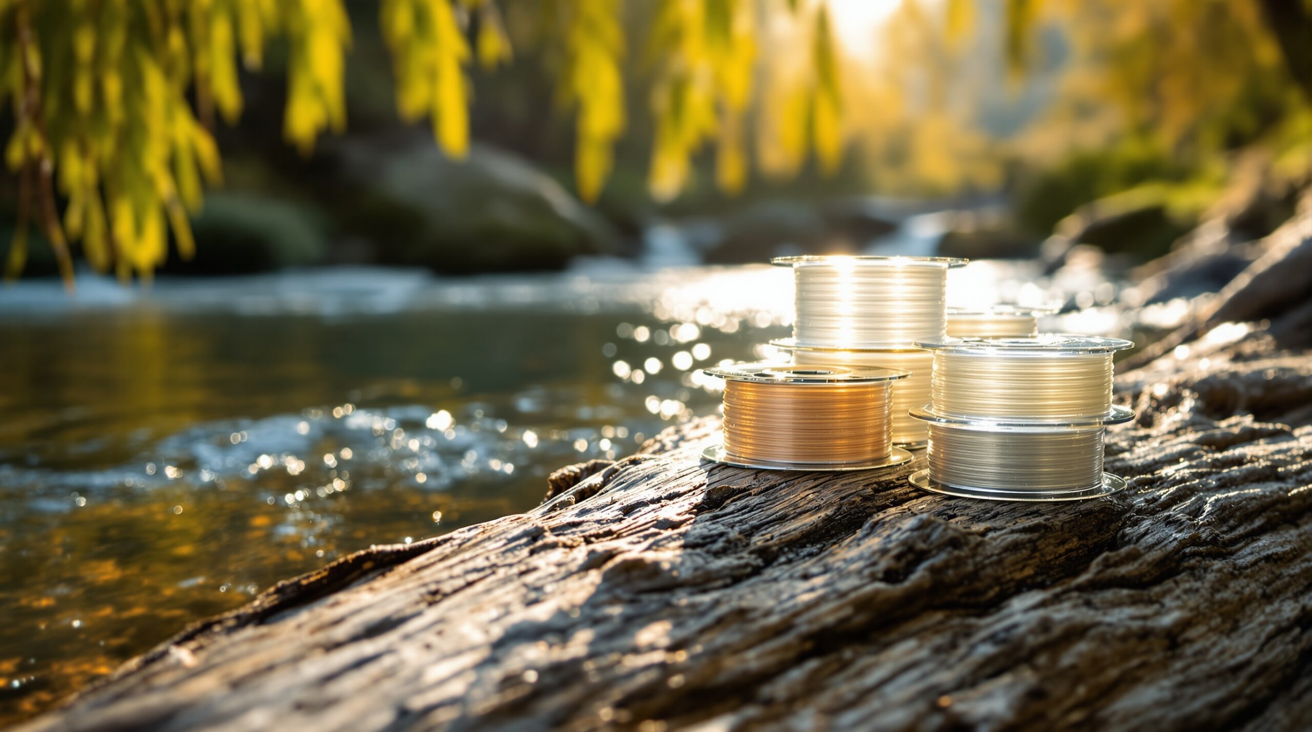 Multiple fly fishing tippet spools on driftwood beside mountain stream with golden sunlight and flowing water