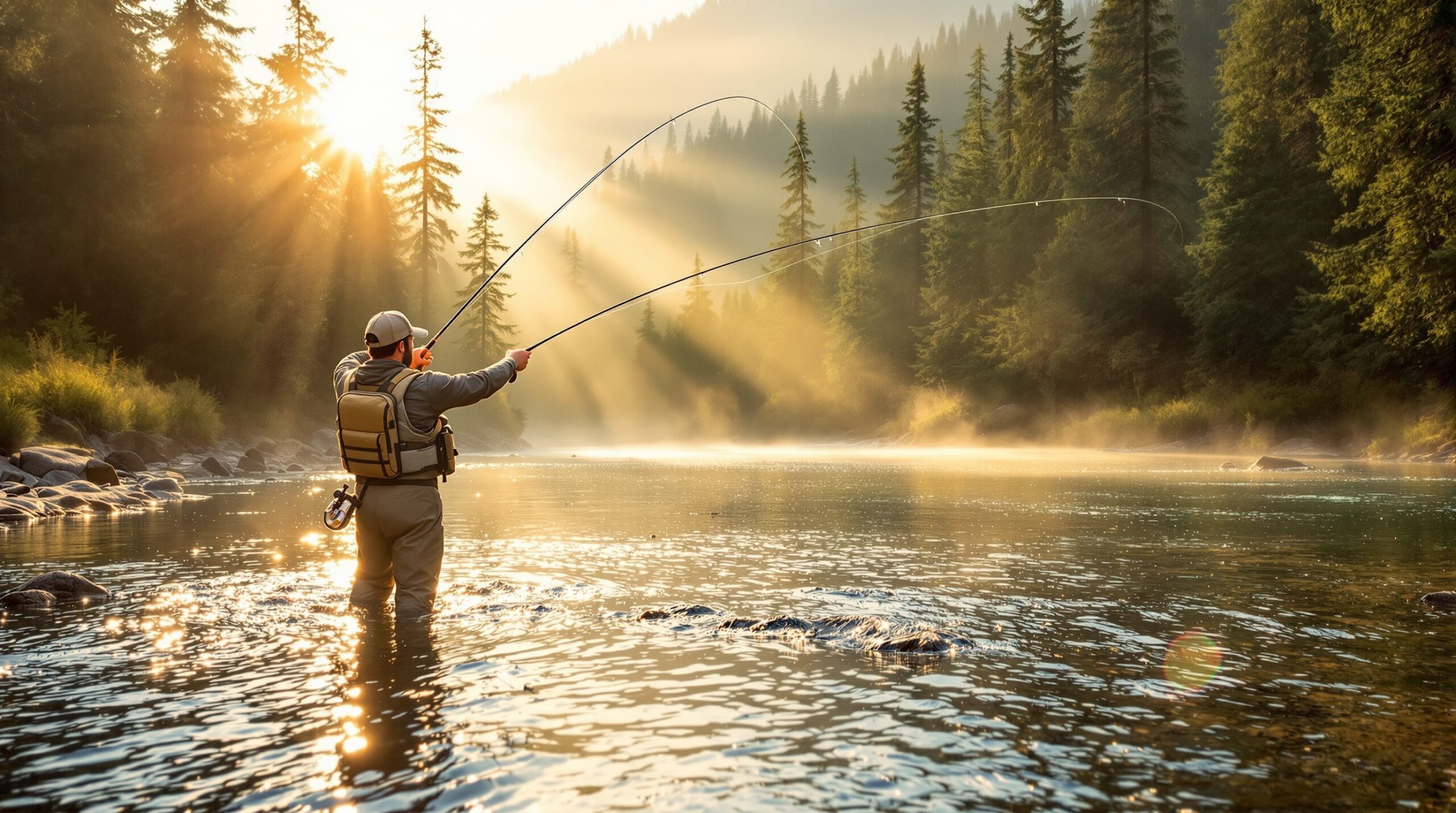 Beginner fly fisherman casting in mountain stream at sunrise, wearing waders in peaceful forest setting