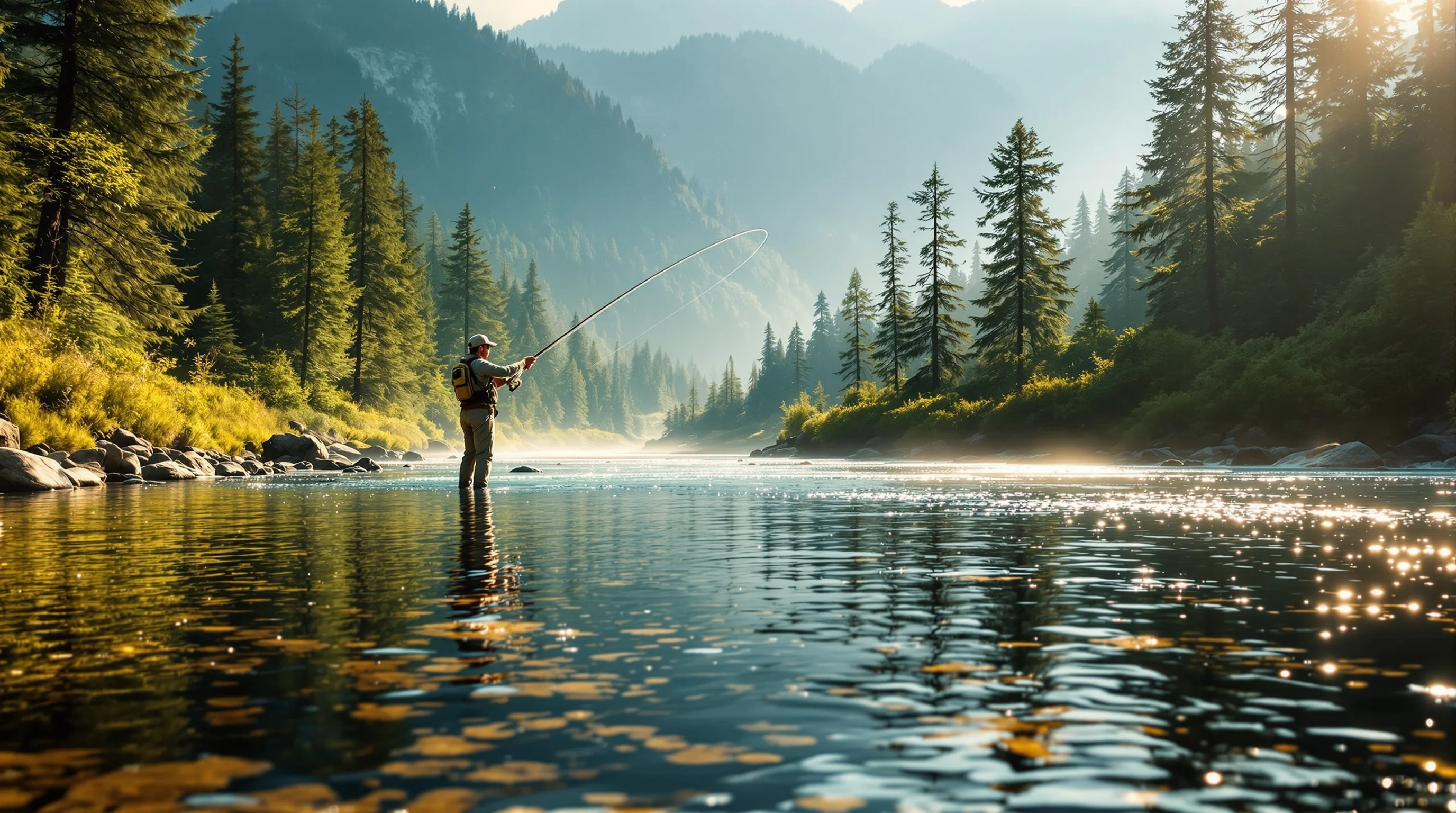 Beginner fly fisherman mid-cast in a clear mountain stream, fly line arcing overhead, surrounded by sunlit forest at golden hour.