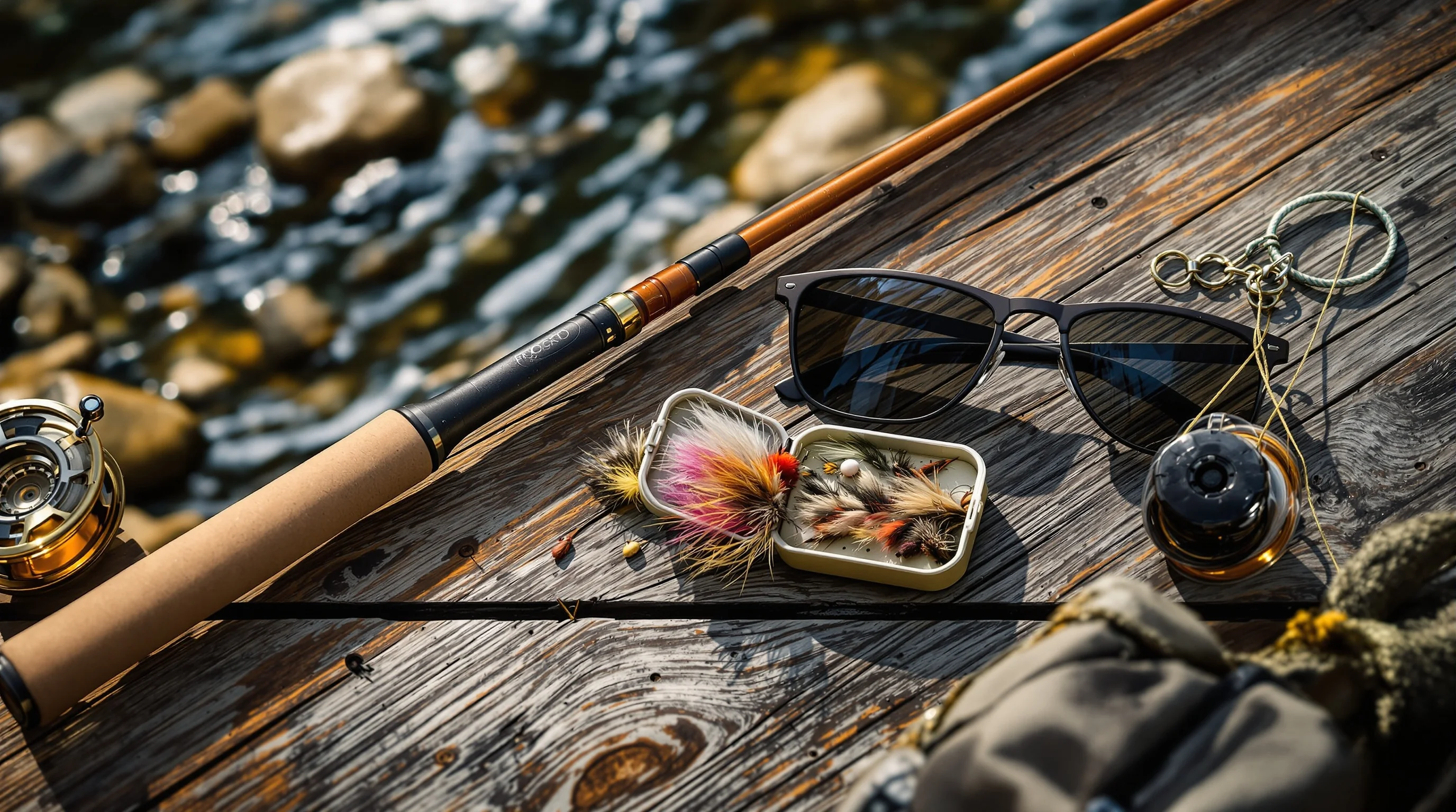 Beginner fly fishing gear flat-lay: fly rod, brass reel, colorful fly box, tippet spool, and polarized sunglasses on weathered wood.