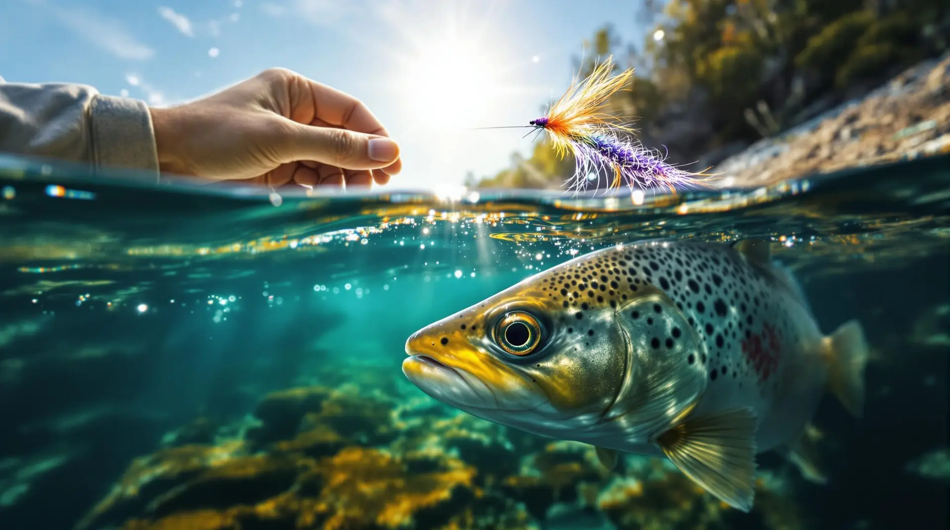 # Image Prompt for Flux-Pro/V1.1-Ultra A split underwater/above water perspective of a trout looking up at a fly fishing lure. The top half shows a fly fisherman's hand delicately presenting a colorful fly (purple or orange) on the water surface. The bottom half reveals a brown trout's eye and perspective underwater, with the fly silhouetted against the sunlight coming through the water's surface. The image should include subtle details showing how the trout perceives color and movement, with a 
