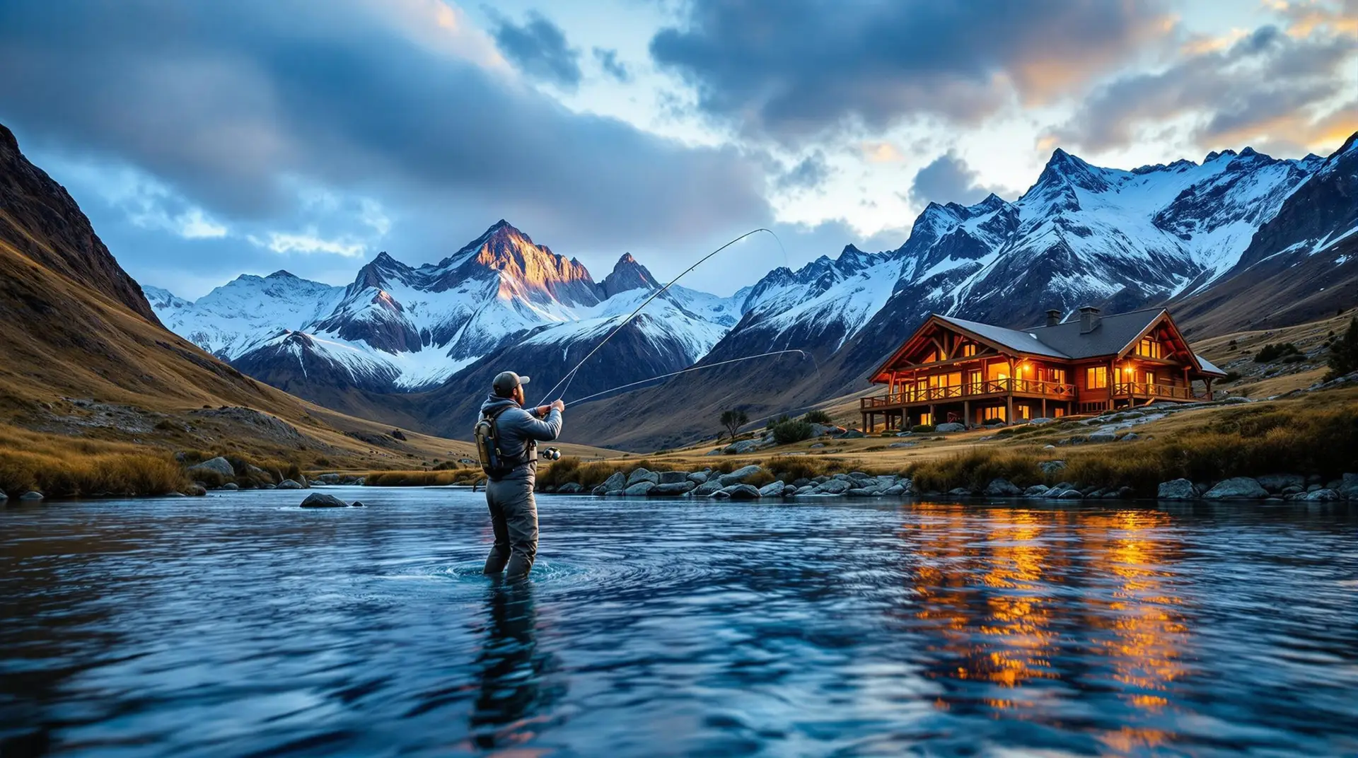 Angler fly fishing in a pristine river with perfect technique as sunset illuminates snow-capped Andean mountains, with one of the premium fly fishing lodges in Patagonia Argentina visible in the background.