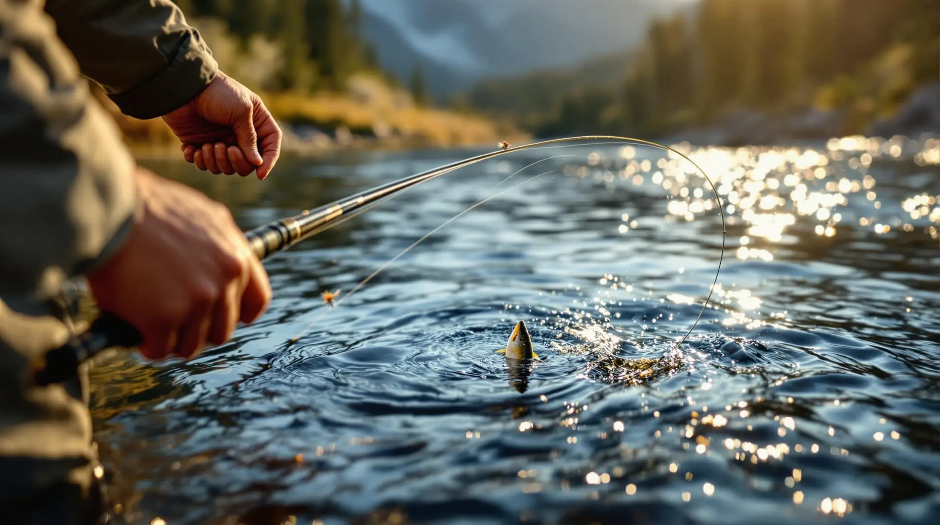 **Prompt for Flux-Pro/V1.1-Ultra:** A photorealistic image of a fly fisherman standing in a clear mountain stream at golden hour, perfectly executing a dry fly cast. Close-up focus on his hands with proper rod grip technique (thumb on top) and the fly rod bent in mid-cast with visible flex at the tip. The line forms a beautiful arc above the water with visible leader and a small dry fly pattern at the end. In the background, a rising trout creates ripples on the water surface. The scene should c