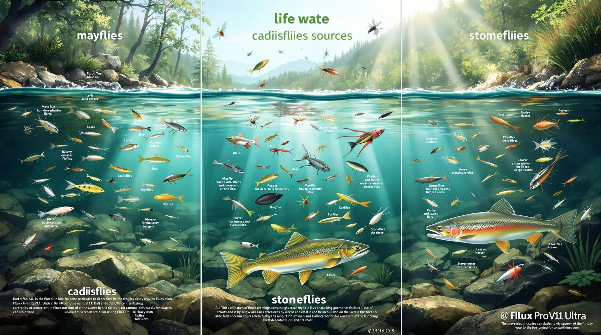 # Image Prompt for Flux-Pro/V1.1-Ultra A detailed, educational illustration showing the life cycle of trout food sources in a freshwater stream environment. Split into three sections: mayflies (left), caddisflies (center), and stoneflies (right). Each section shows the underwater and above-water stages of these insects. Include close-up views of nymphs, larvae, pupae, and adult forms. Show trout actively feeding on these insects. Use natural lighting with sunbeams filtering through water, creati