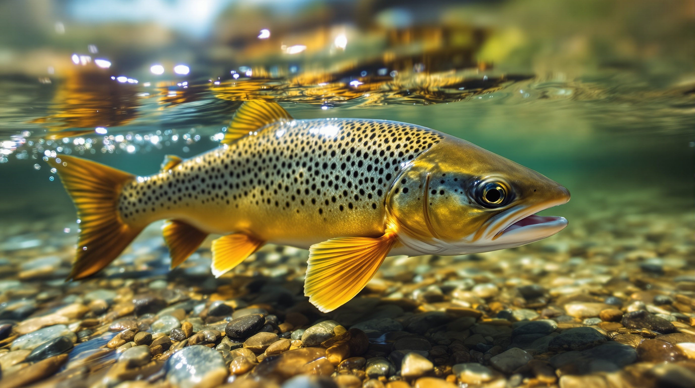 Wild brown trout holding in clear shallow river water with fins fanned, an example of fish body language anglers learn to read