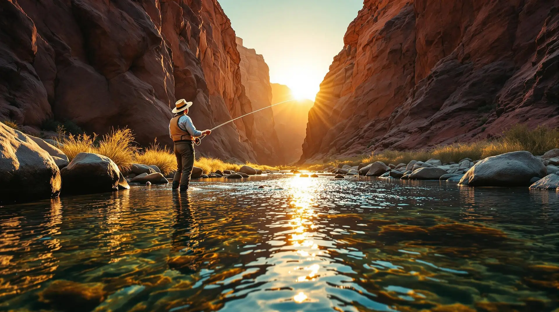 Angler fly fishing in Utah's Green River during golden hour, casting over clear water with trout visible beneath, surrounded by dramatic red rock canyons.