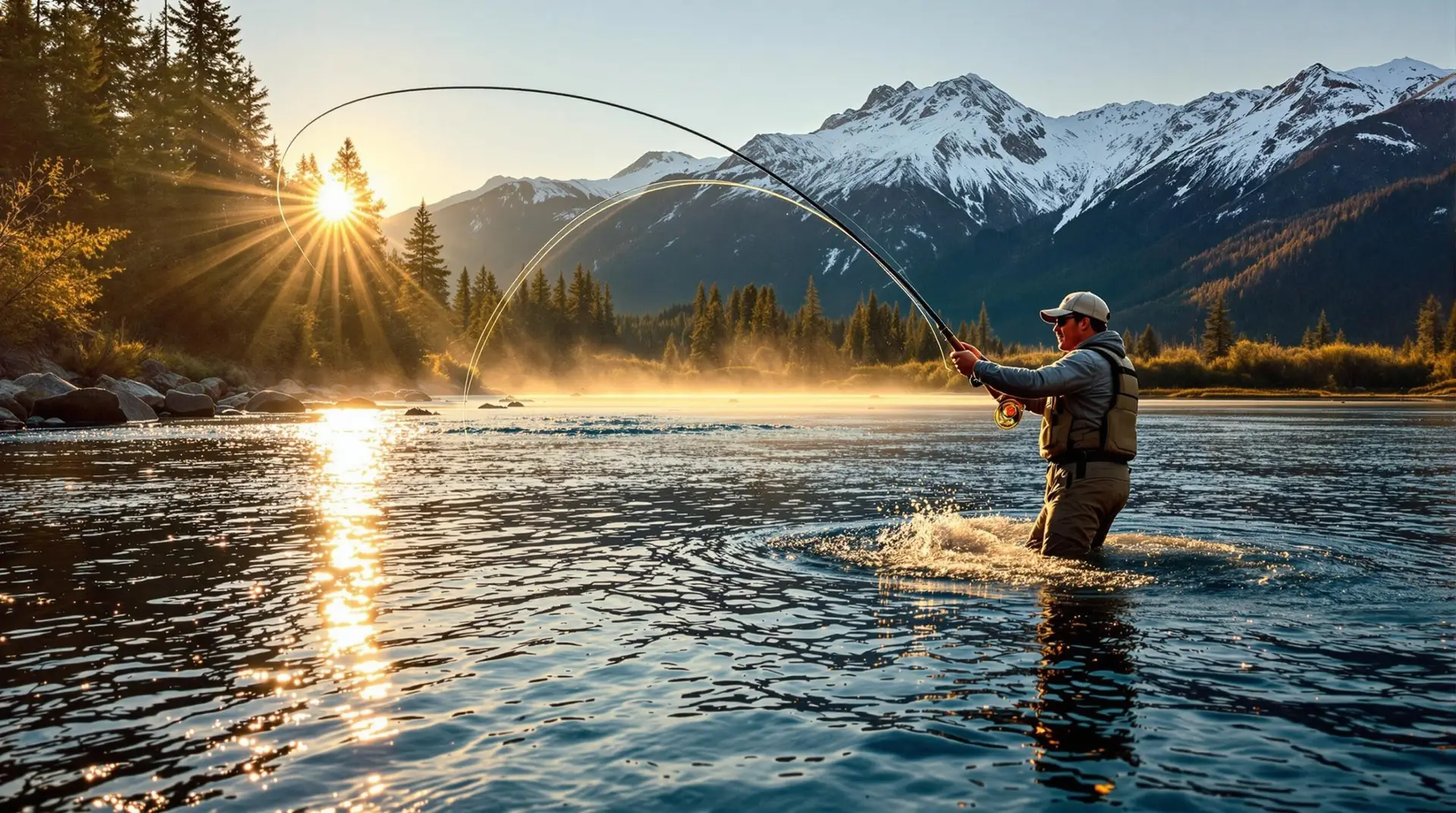 Silhouette of a fly fisherman casting in the golden-lit waters of Yakima River with snow-capped Cascades and evergreen forests exemplifying the serenity of fly fishing in Washington state.