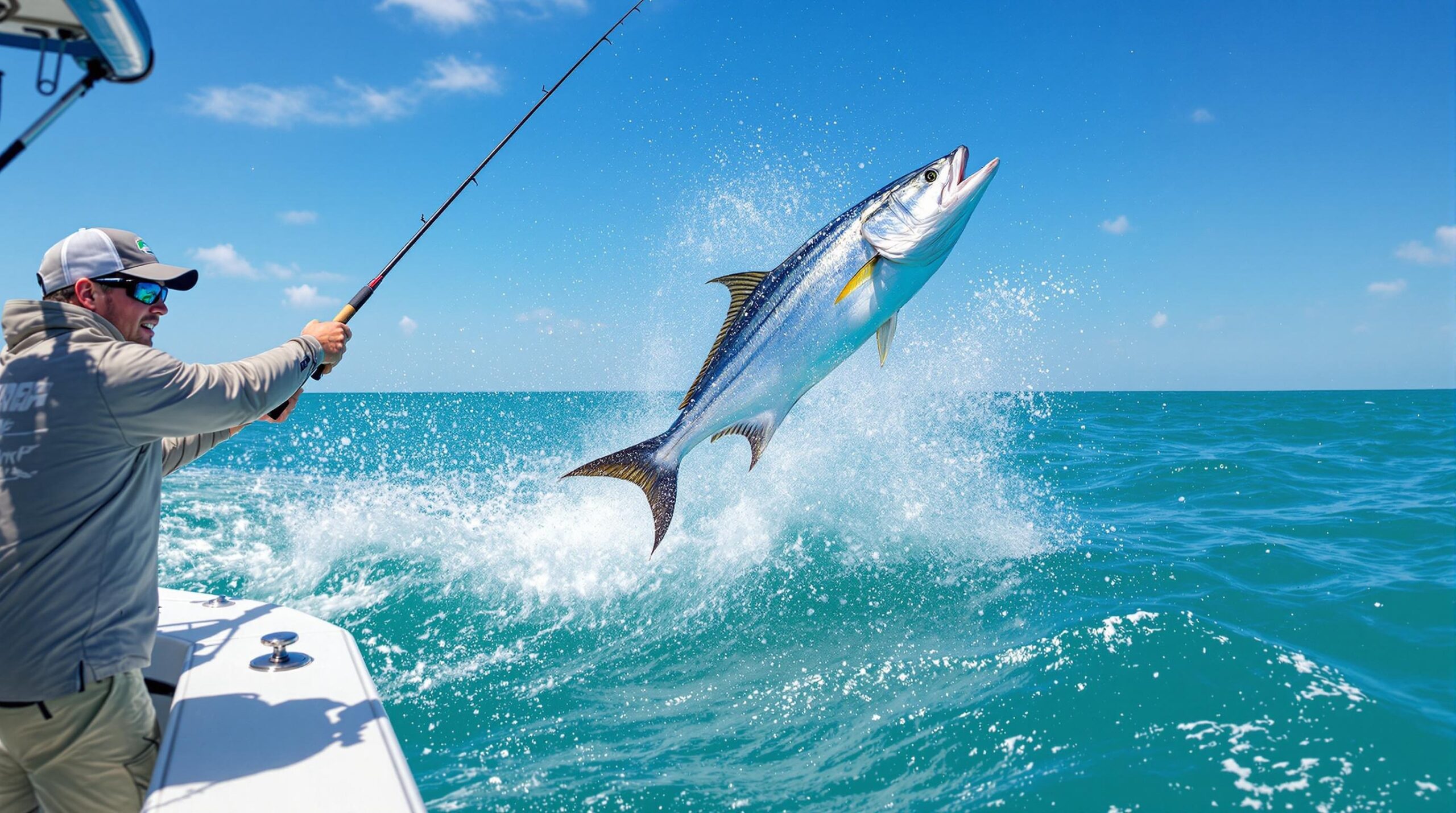Professional angler on guided fly fishing trips battles massive tarpon leaping from turquoise ocean waters while casting from charter boat bow