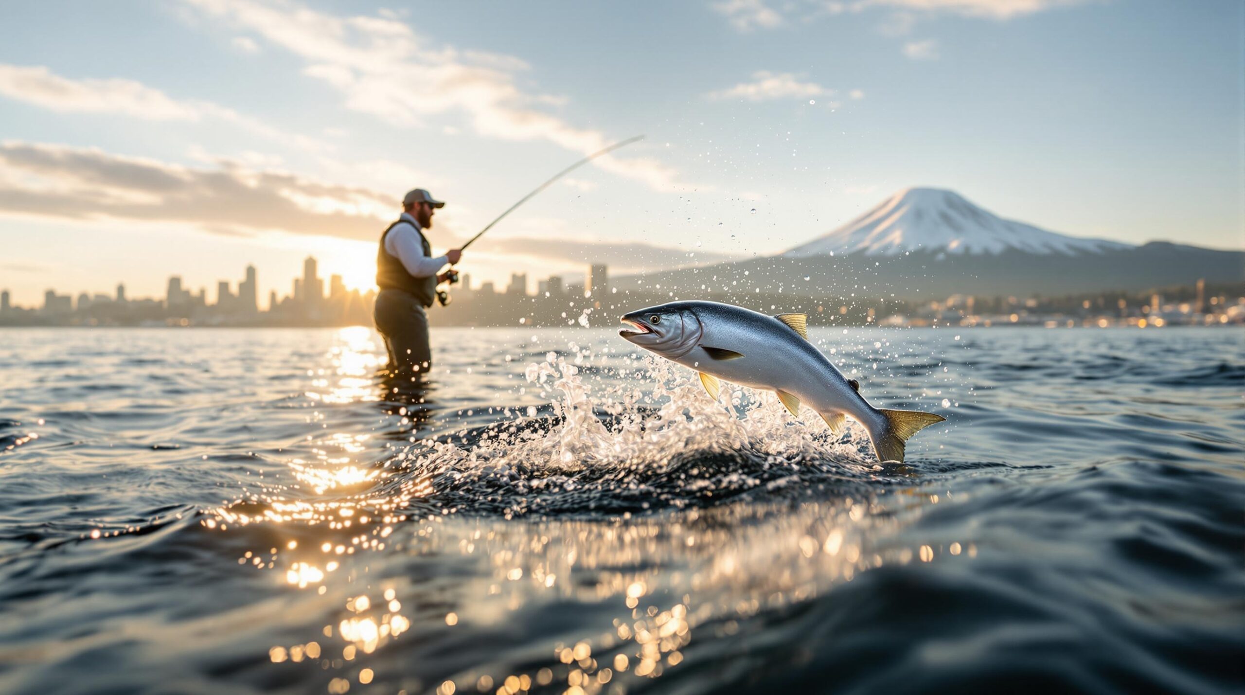 Fly fisherman in waders casting rod in Puget Sound salmon fly fishing scene with jumping silver coho, Seattle skyline and Mount Rainier in background during golden hour.