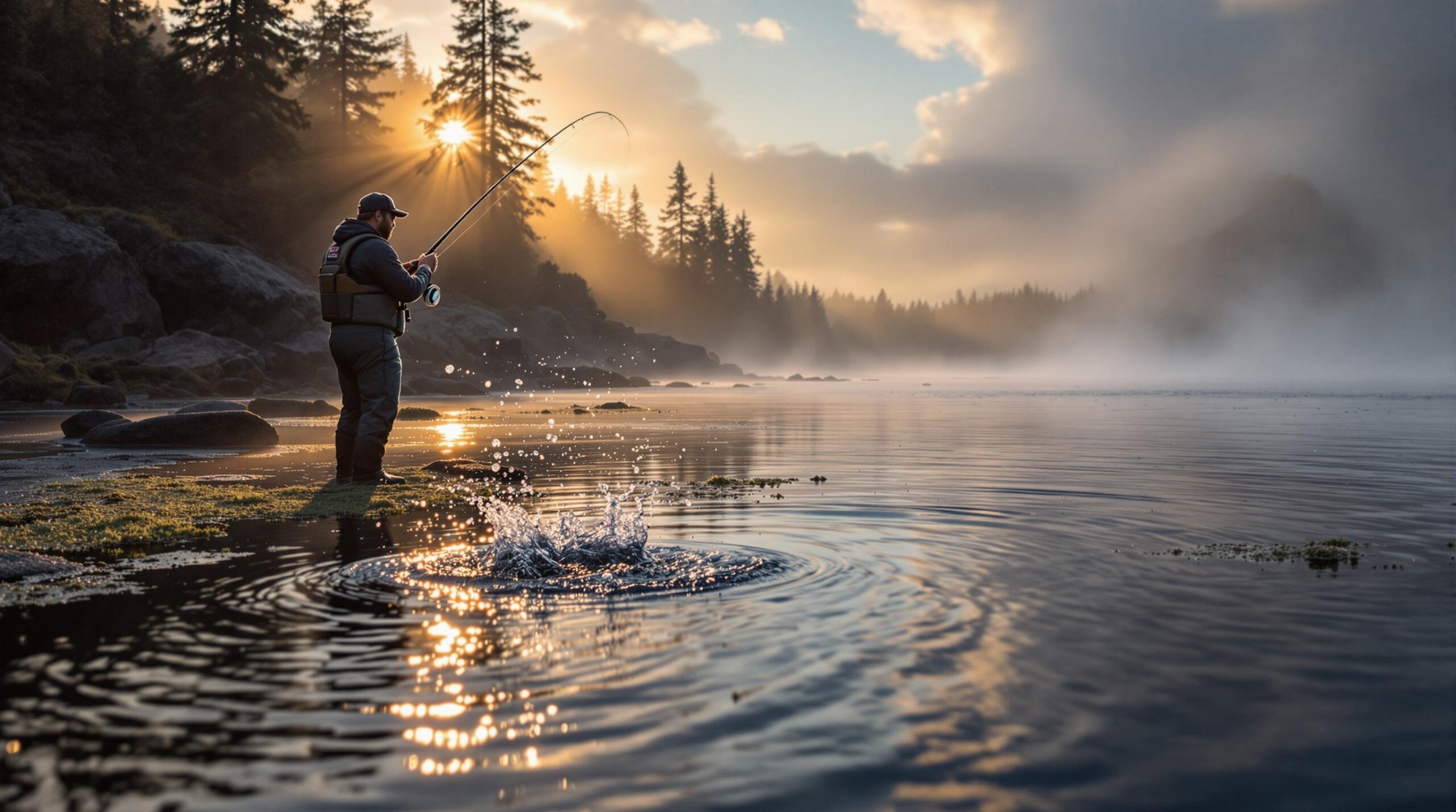 Fly fisherman in waders casting rod during Puget Sound fly fishing at dawn with jumping sea-run cutthroat trout and golden hour lighting over misty Pacific Northwest waters.