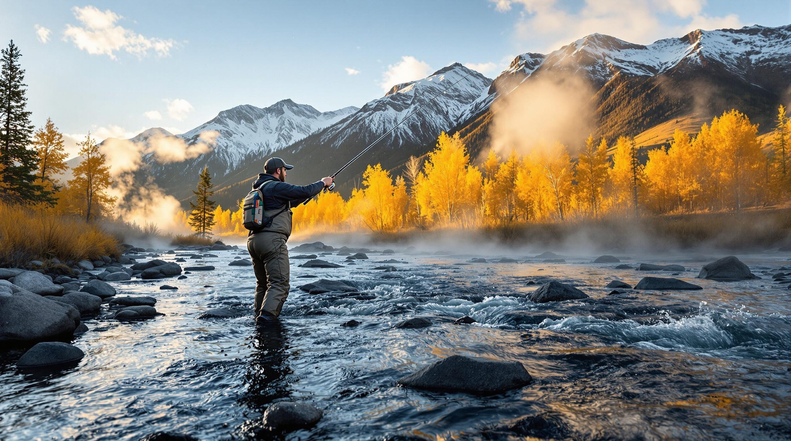 Fly fisherman casting on pristine mountain stream during golden hour in Yellowstone, showcasing one of the best fly fishing vacations with geothermal springs, snow-capped peaks, and autumn aspens reflected in crystal clear water.