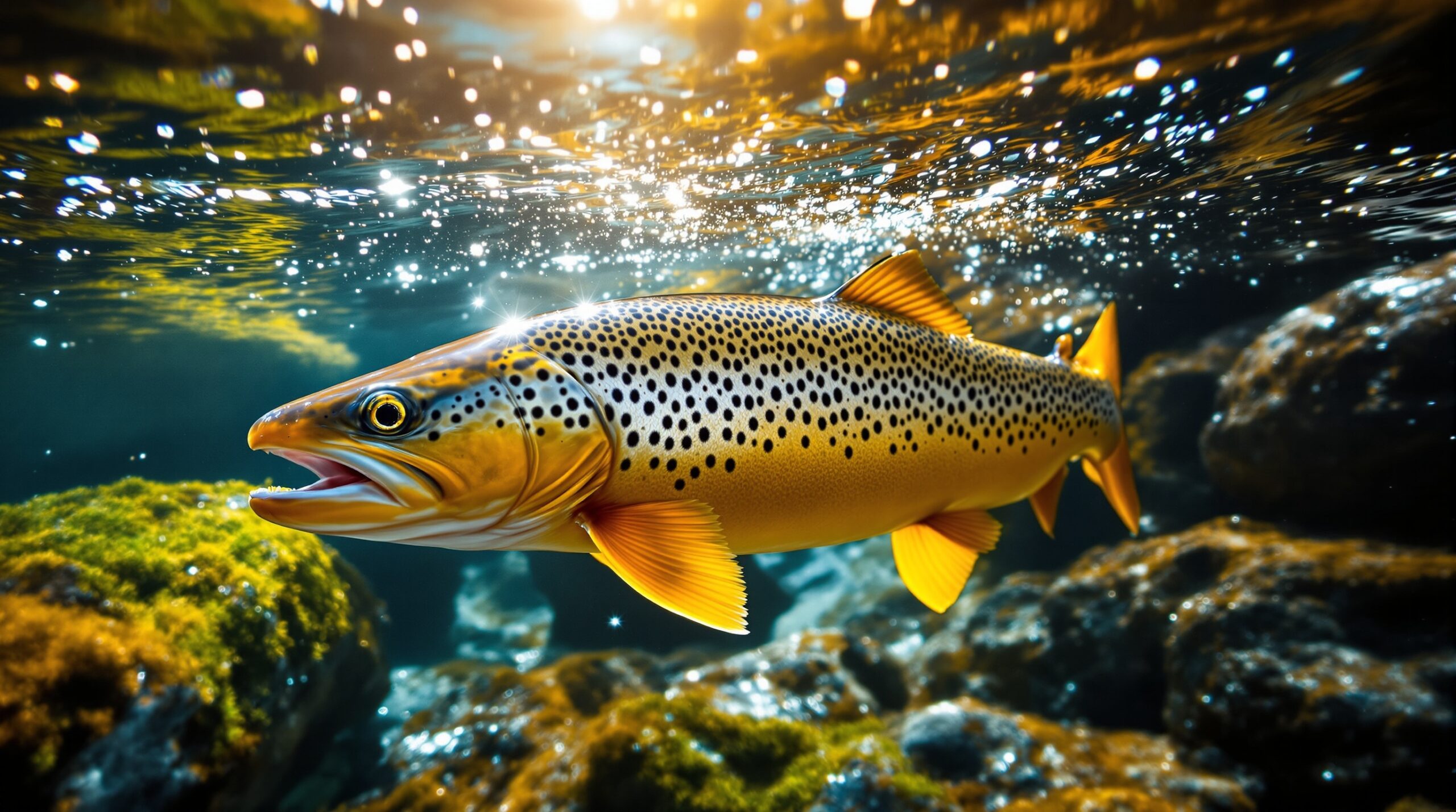 Large brown trout swimming upstream in clear mountain river water, showing trout migration patterns during spawning season