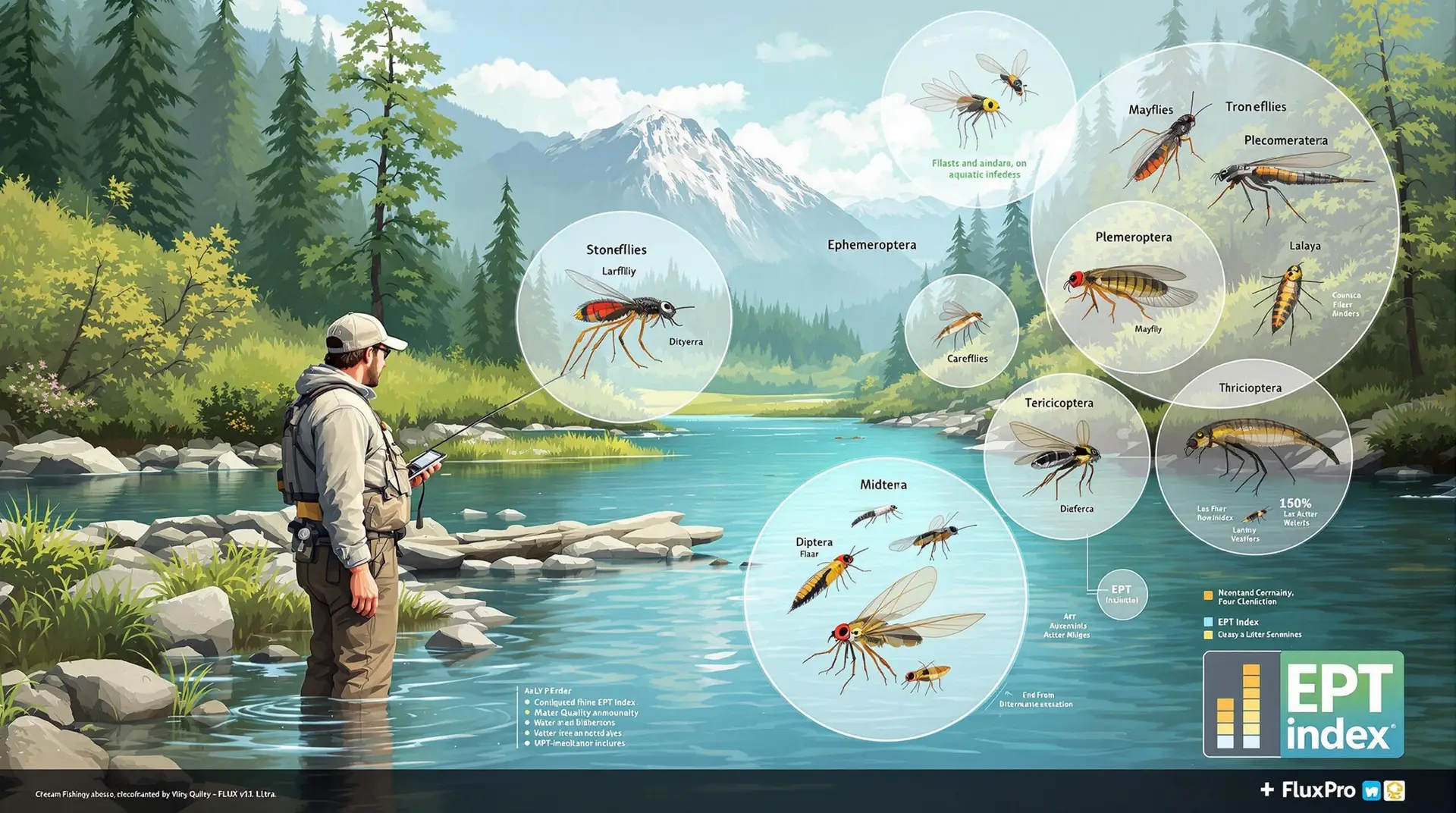 # Image Prompt for Flux-Pro/V1.1-Ultra A detailed, educational illustration of a fly fisherman standing in a clear mountain stream, examining aquatic insects. In the foreground, show a magnified view of the four key aquatic insect orders: mayflies (Ephemeroptera), stoneflies (Plecoptera), caddisflies (Trichoptera), and midges (Diptera) in both their larval and adult forms. The insects should be scientifically accurate with labeled parts. The background should feature a serene river ecosystem wit