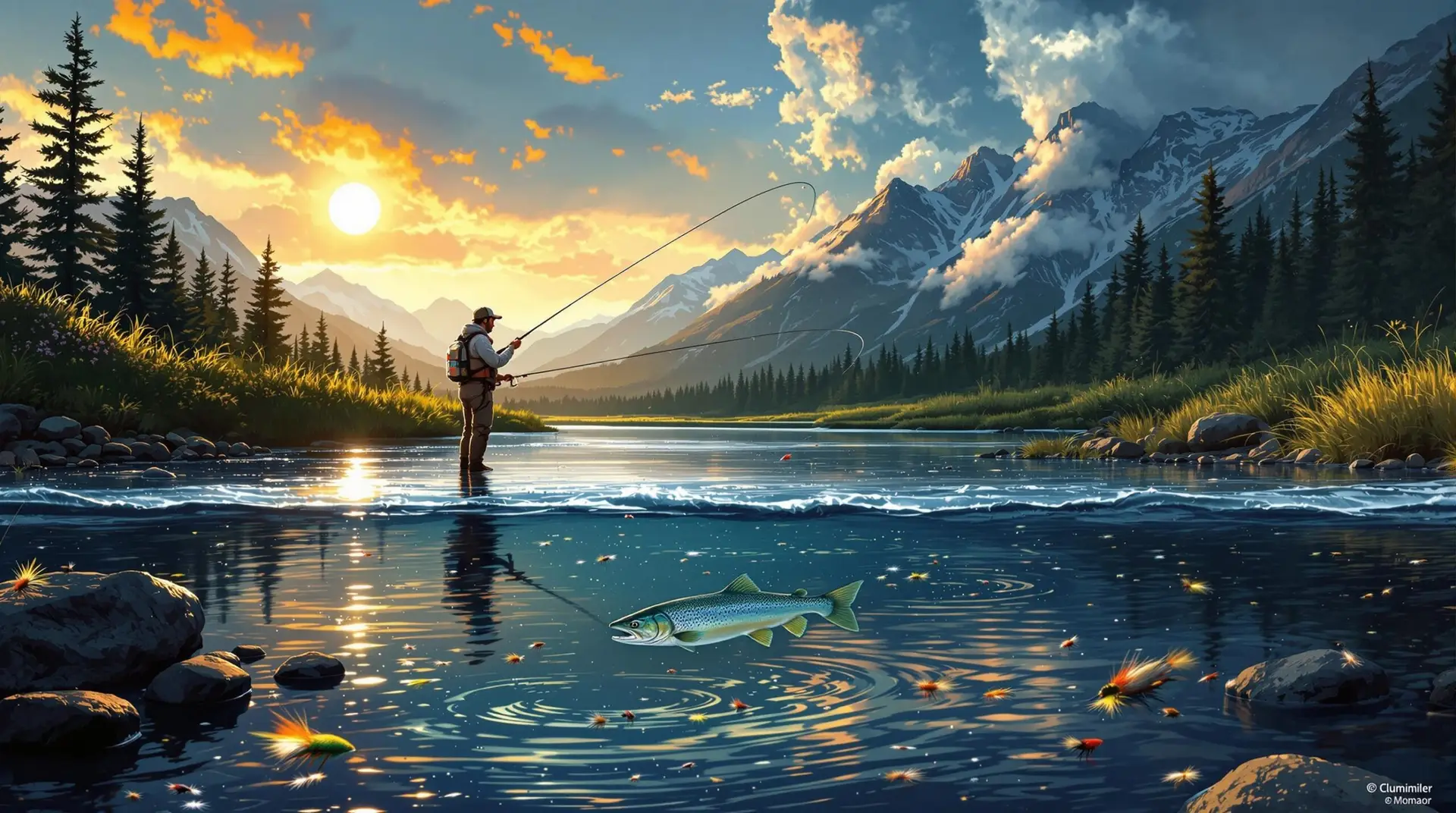 An ultra-realistic illustration of a fly fisherman standing in a mountain stream at dusk, casting a line with a trout visible just beneath the water's surface. The scene shows both sunny and stormy weather on opposite sides of the frame, demonstrating changing barometric pressure. Include various flies (dry flies, nymphs, and streamers) subtly featured at the bottom of the composition. Use dramatic lighting with golden hour tones reflecting on the water, and incorporate a small barometer gauge i