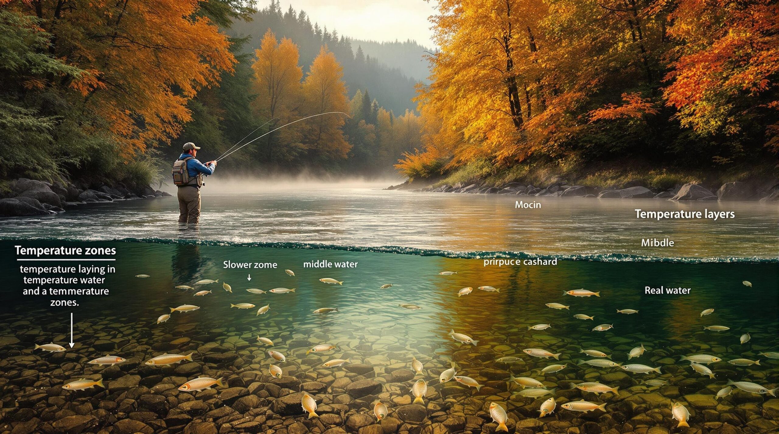 A fisherman standing in a scenic river during sunrise, casting a fly fishing line. The water shows different temperature layers with trout visible in various positions - some near the bottom in slower water, others in the middle current, and a few near the surface. Surrounding the river are lush riparian areas with trees providing shade. The scene illustrates seasonal transitions with vibrant fall colors. The composition includes visual representations of temperature zones and trout behavior pat