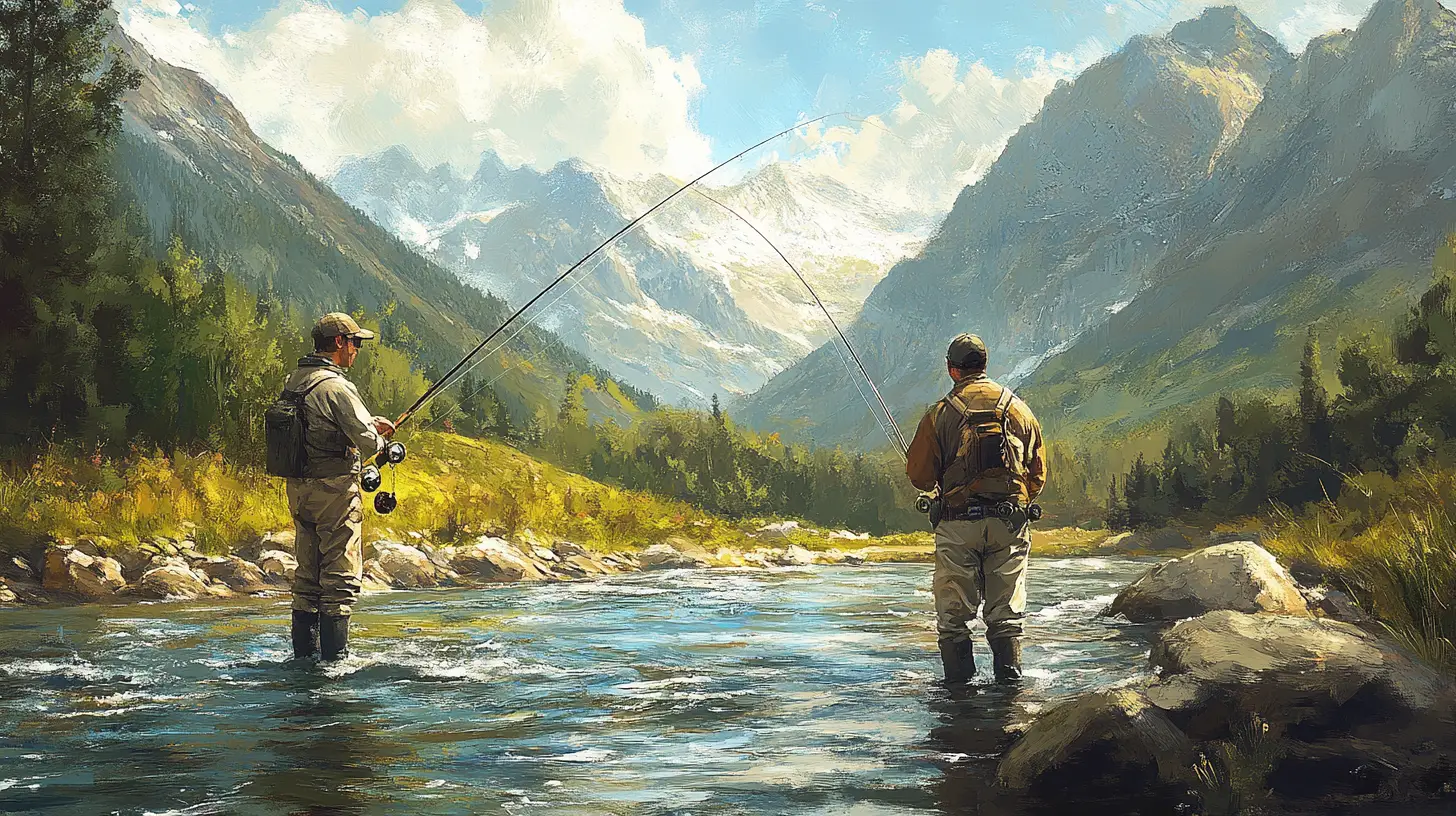Two fly fishermen standing in a clear mountain stream, casting their lines against a backdrop of majestic mountain peaks. The anglers wear wading gear and are surrounded by a picturesque valley with green forests and sunlit alpine meadows.