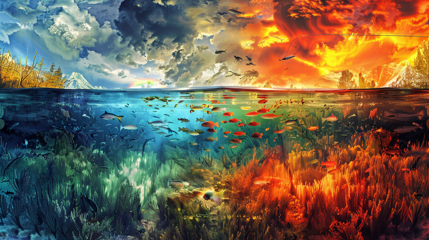 A detailed educational illustration showing the impact of water temperature on fish behavior. Split into two sides: one showing cold water with slower-moving fish and less feeding activity (below 50°F), and the other showing warm water with more active fish and increased feeding (above 70°F). Include scientific elements like temperature gauges in the water, fish with visible lateral lines, and different species (trout, salmon, carp) showing their varied reactions to temperature. Use a vibrant bl