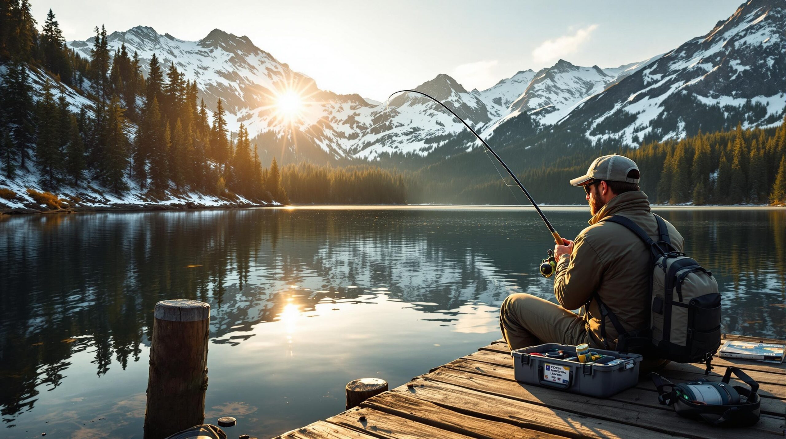 Angler fishing from wooden dock at alpine lake with Washington State Fishing License and tackle box, surrounded by snow-capped mountains and evergreen forests during golden hour.