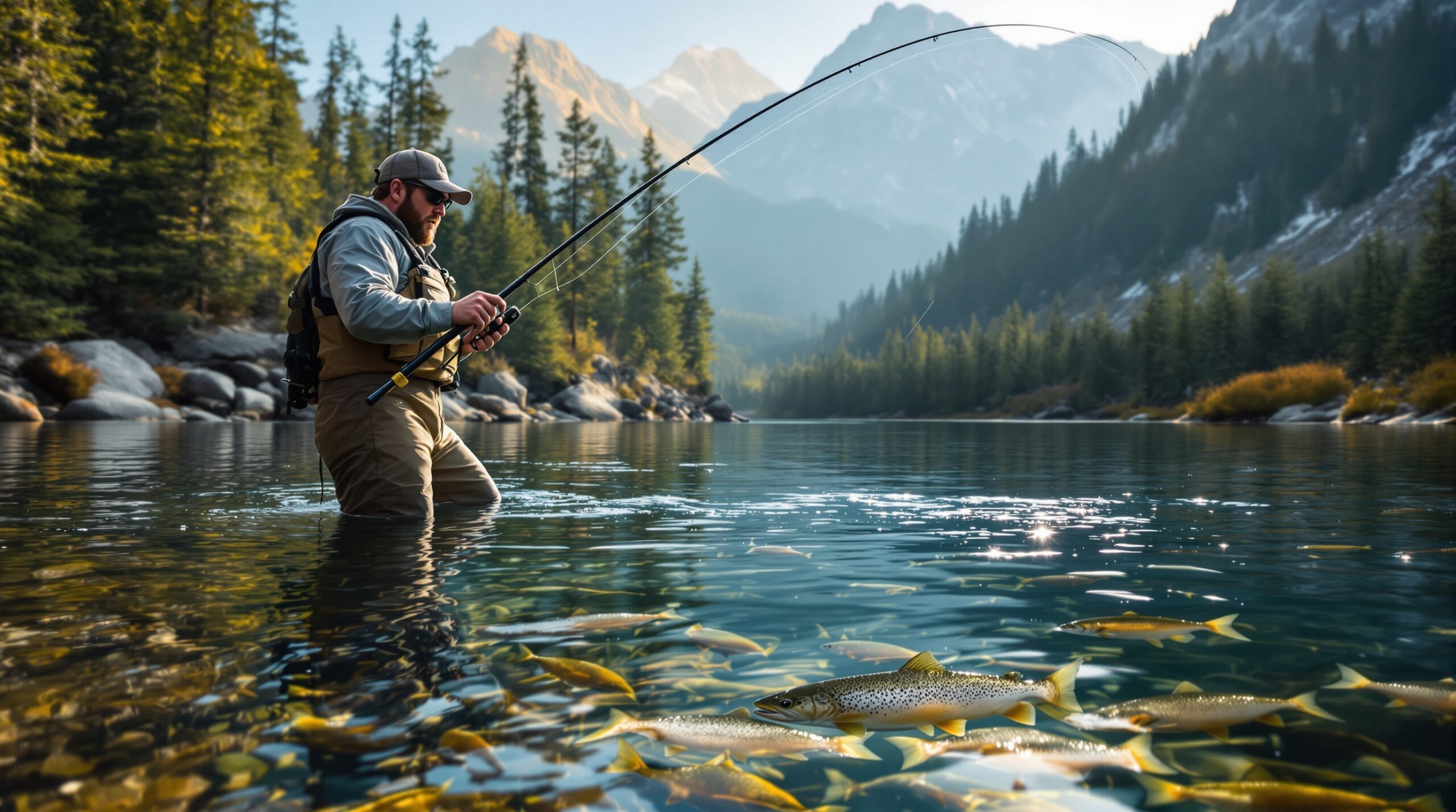 Frustrated beginner fly fisherman practicing casting in stream while trout swim nearby unnoticed