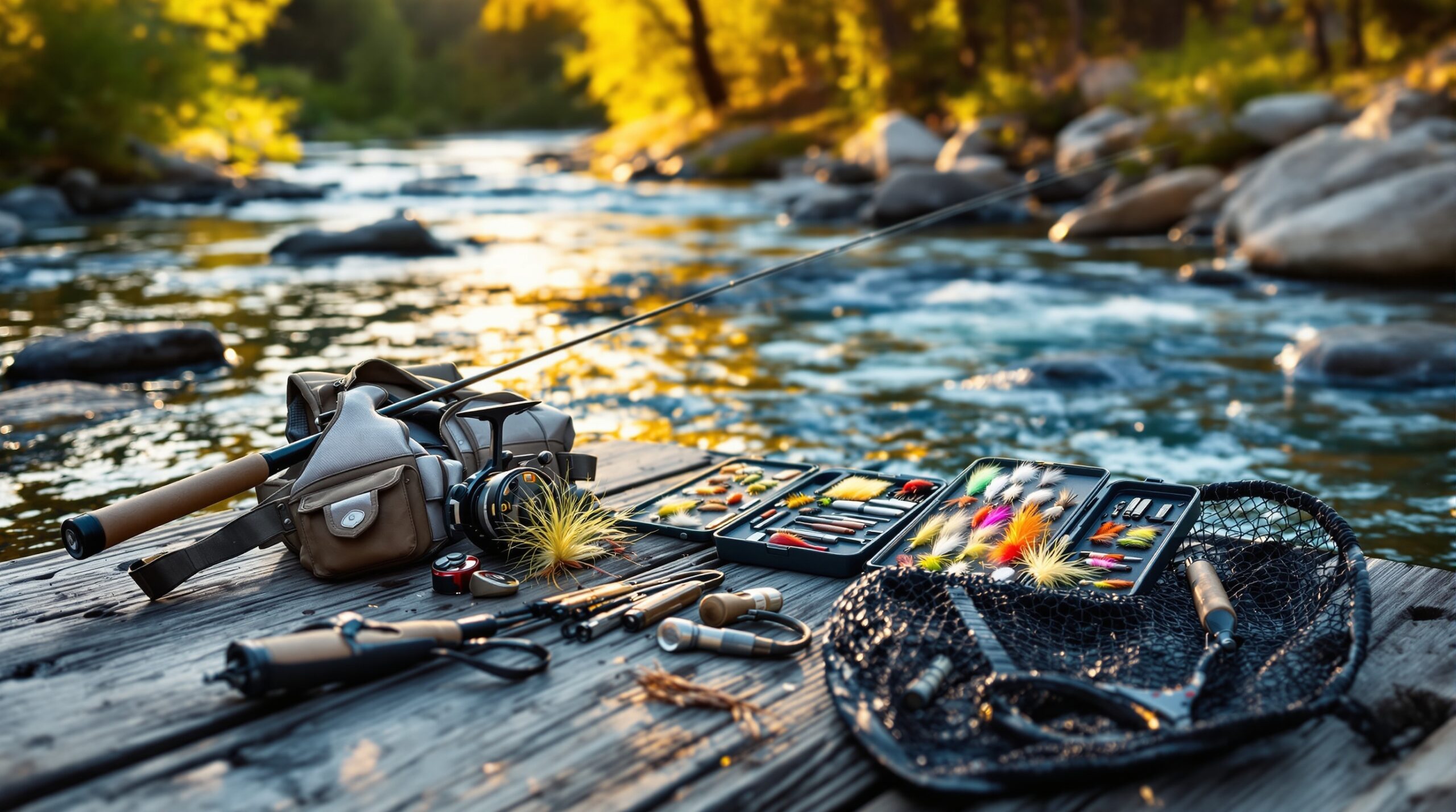 Complete fly fishing equipment for beginners arranged on wooden dock beside mountain stream with clear water