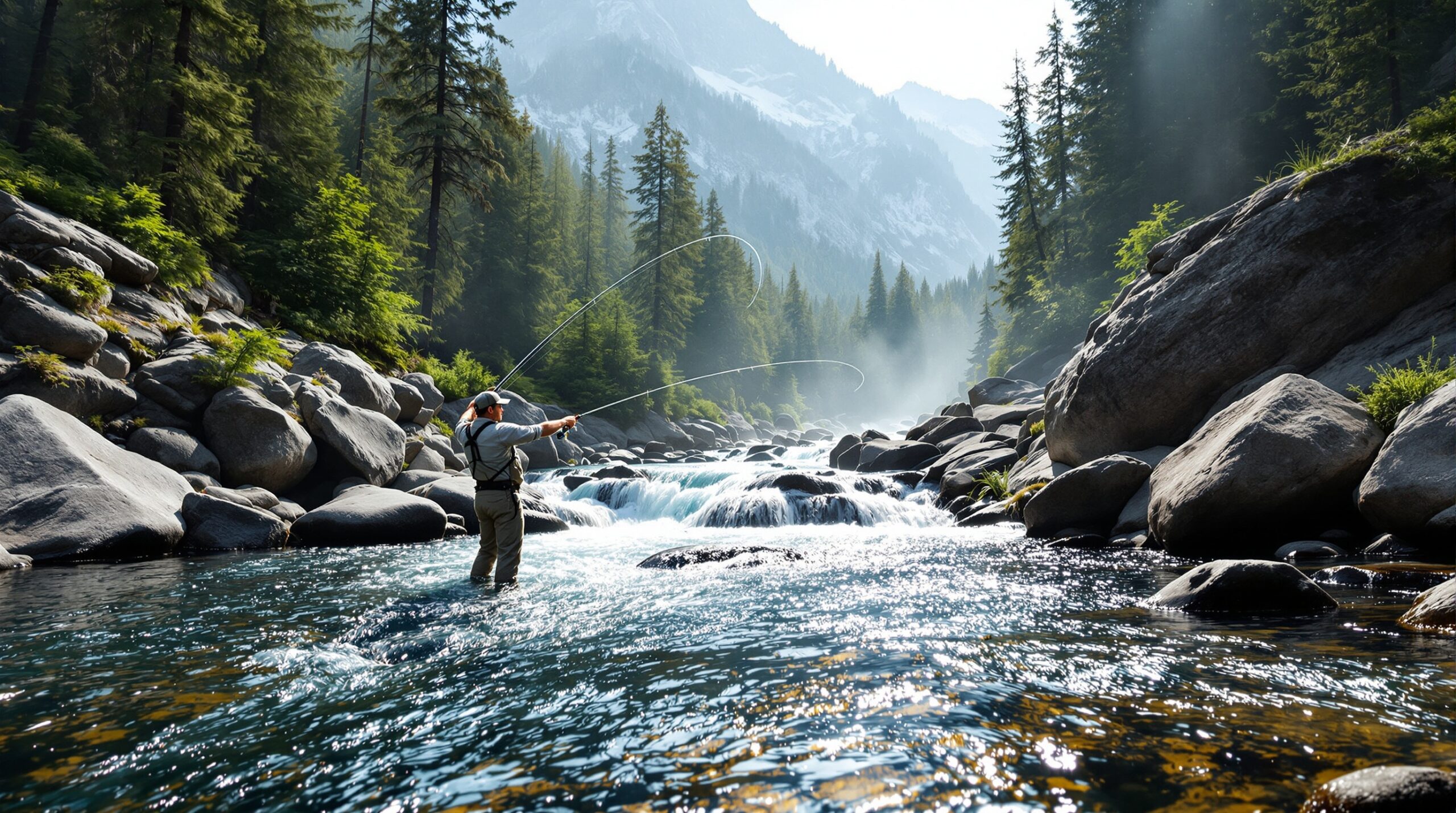Angler casting fly fishing combo on mountain stream with granite boulders and pine forest backdrop