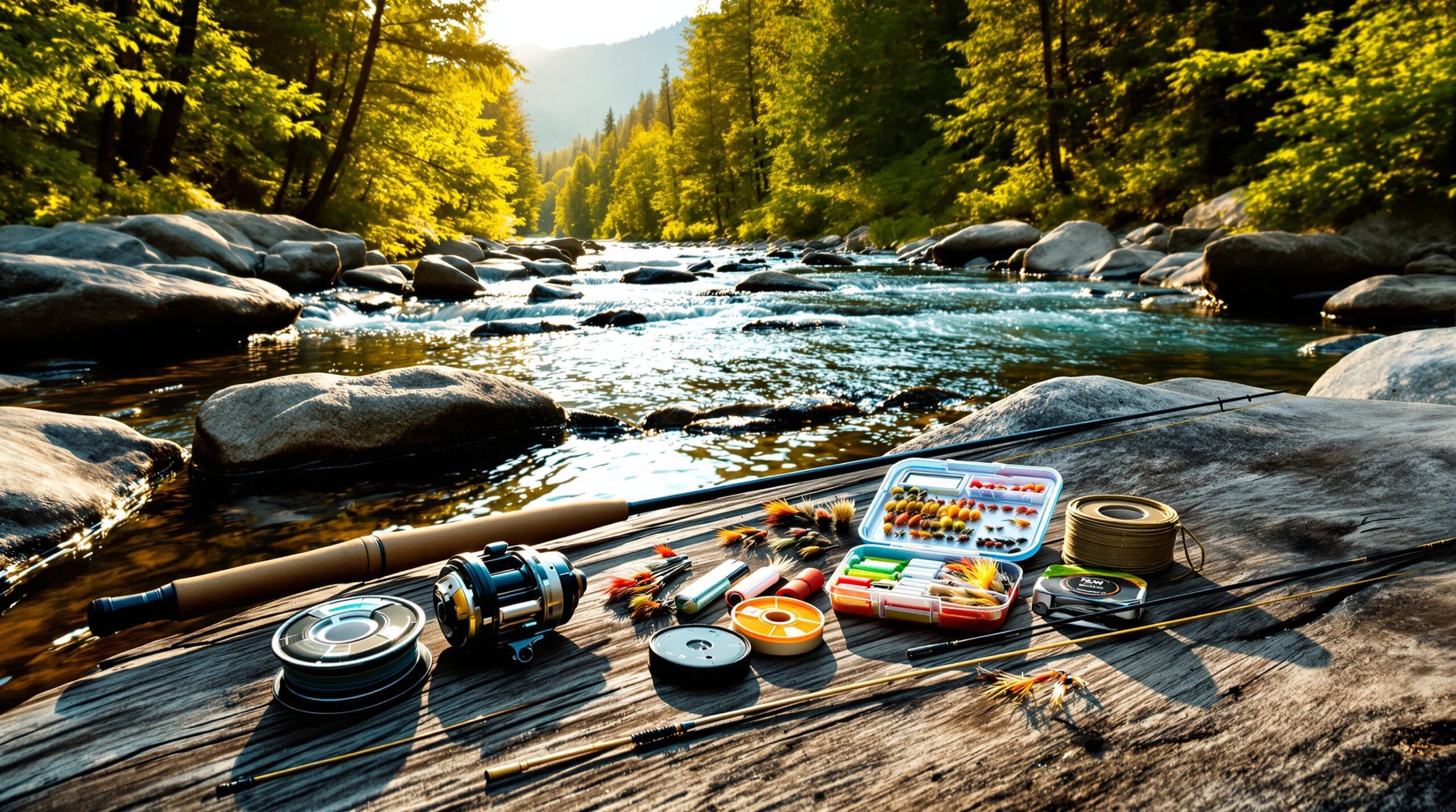 Complete fly fishing equipment for beginners arranged on wood by mountain stream with rod, reel, flies, and accessories