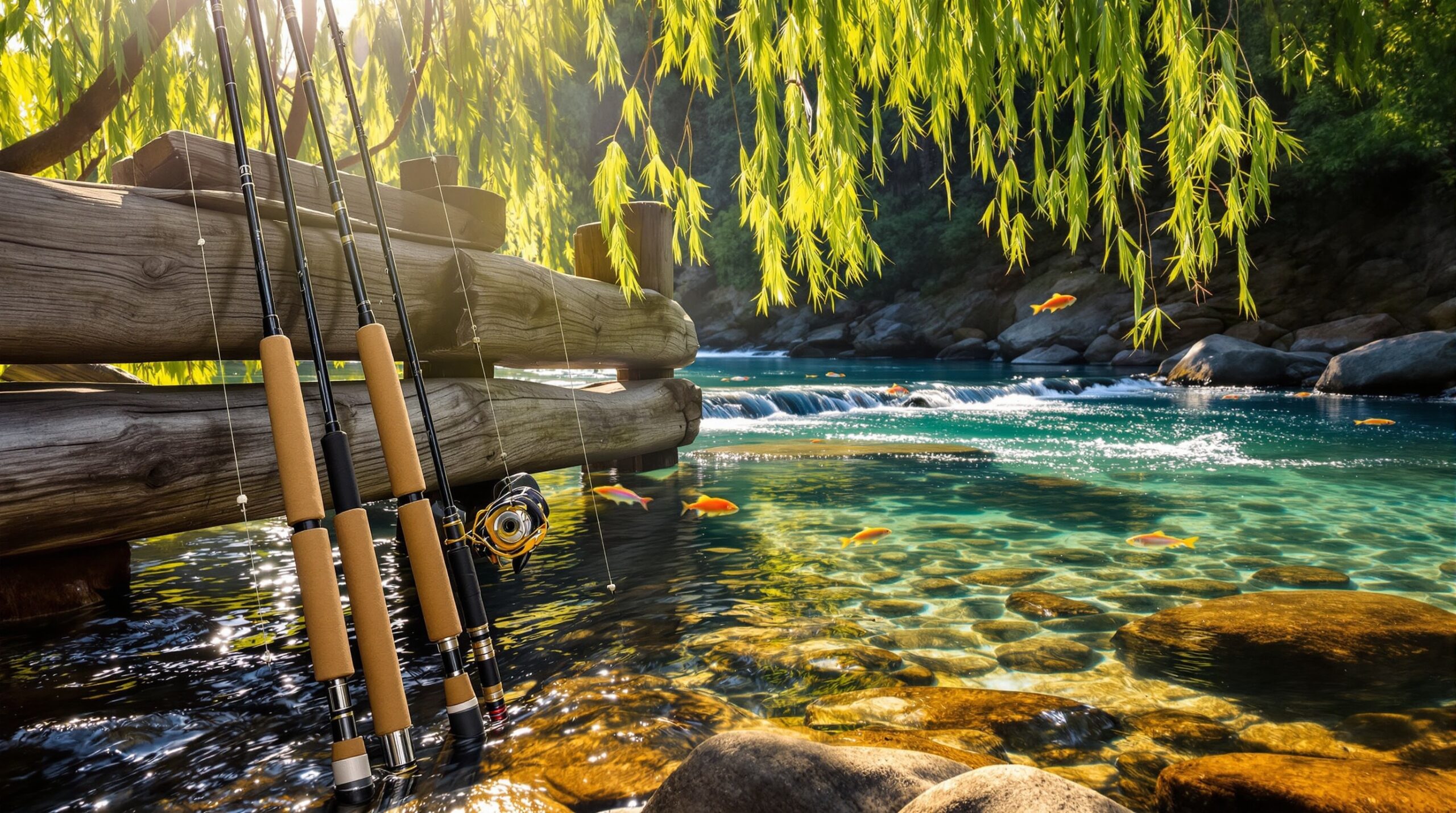 Multiple fly fishing rods of different weights leaning against wooden fence beside clear mountain stream with trout